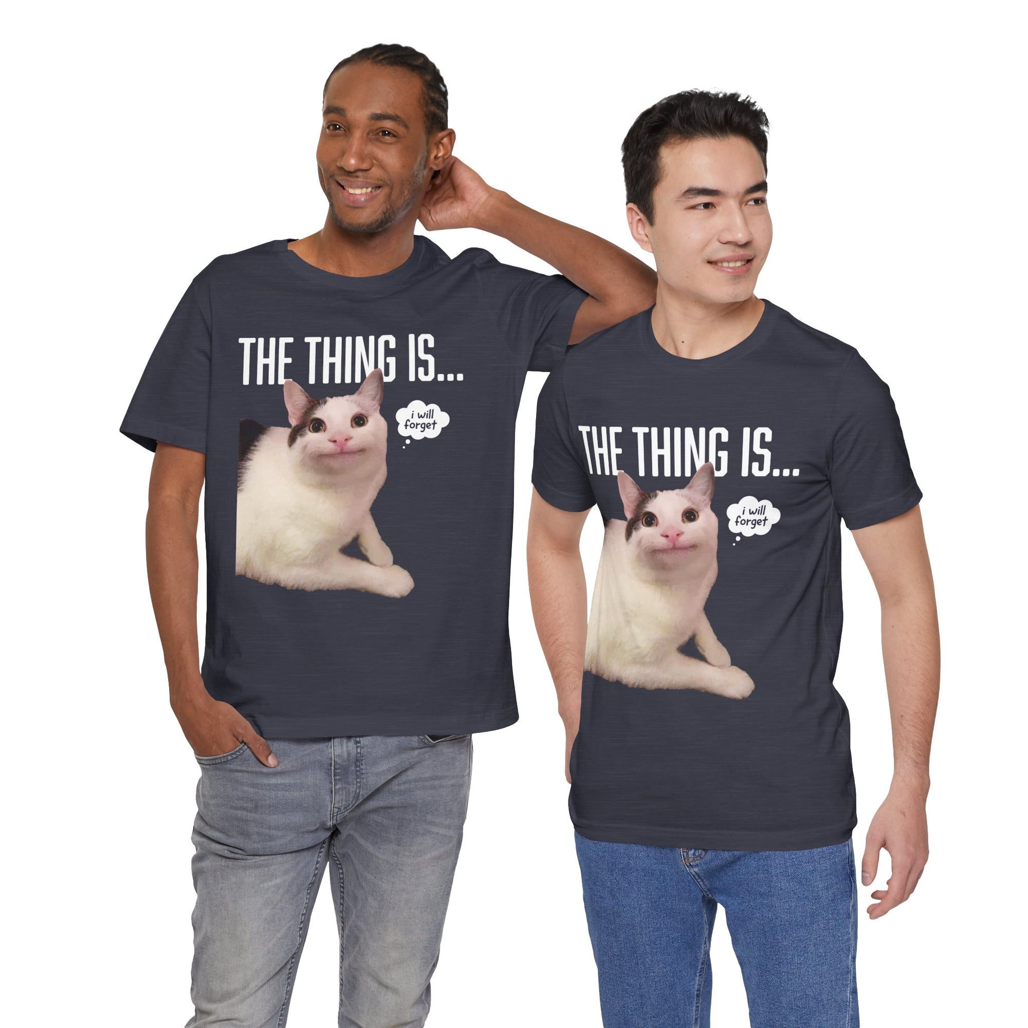 Two men wearing black t-shirts with anime-style character designs on a white background