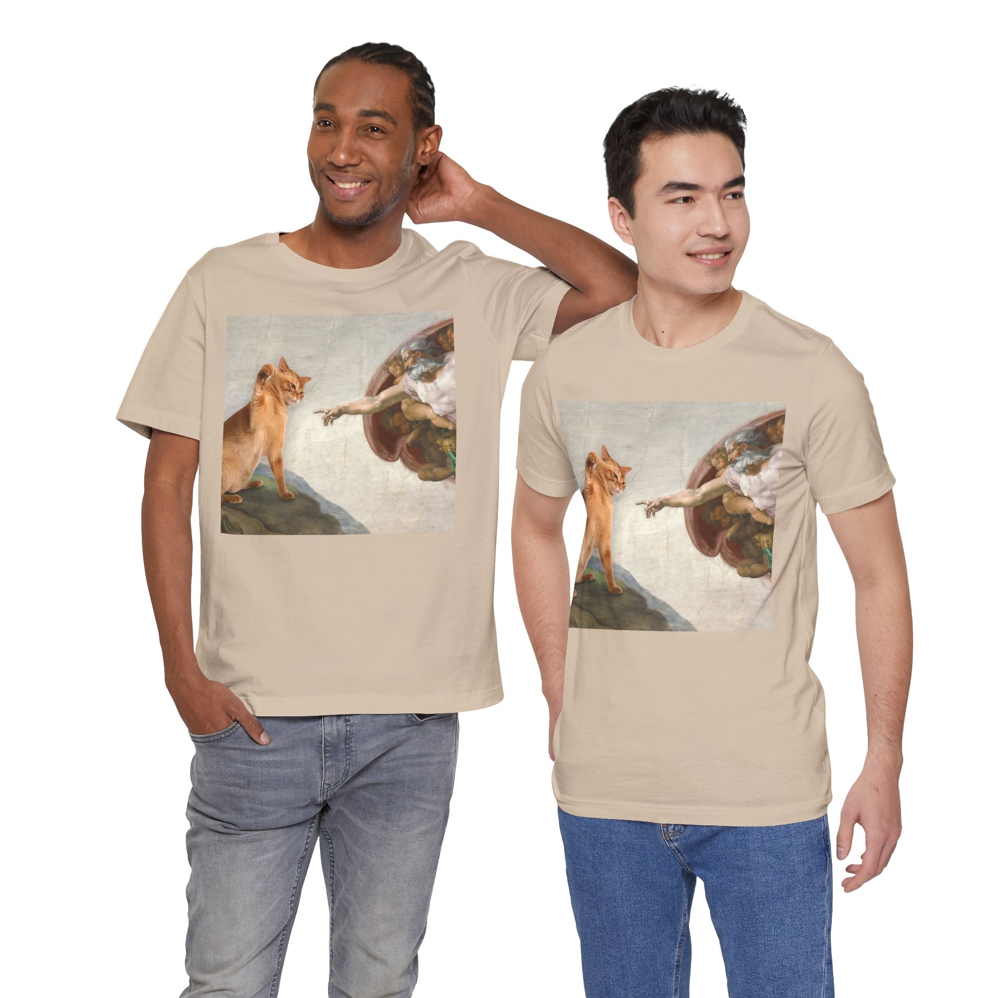 Two men wearing beige t-shirts with classical art print on a white background
