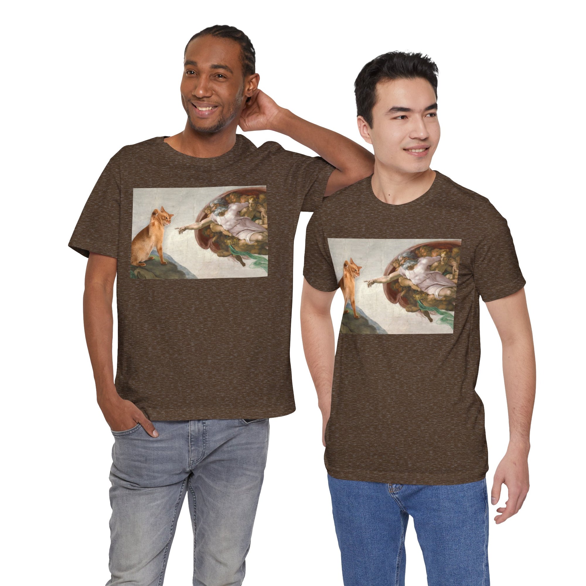 Two men wearing brown t-shirts with a graphic design of a cat and god 