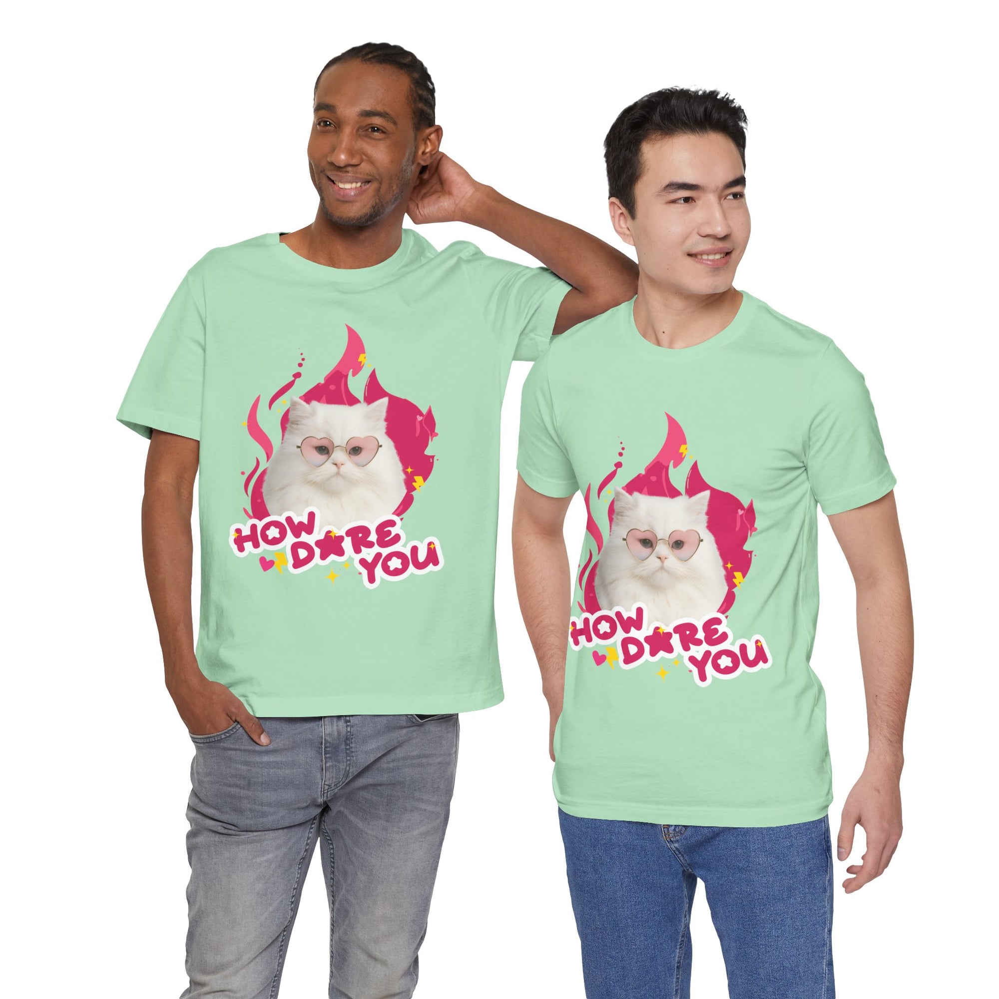 Two men wearing light green t-shirts with a graphic of a cat and text 'HOW DARE YOU' on a white background.