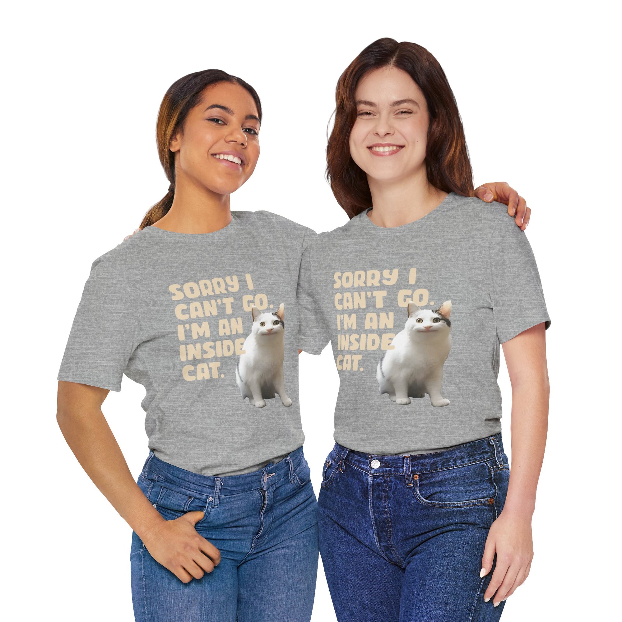 Two people wearing gray t-shirts with a cat and text on a white background