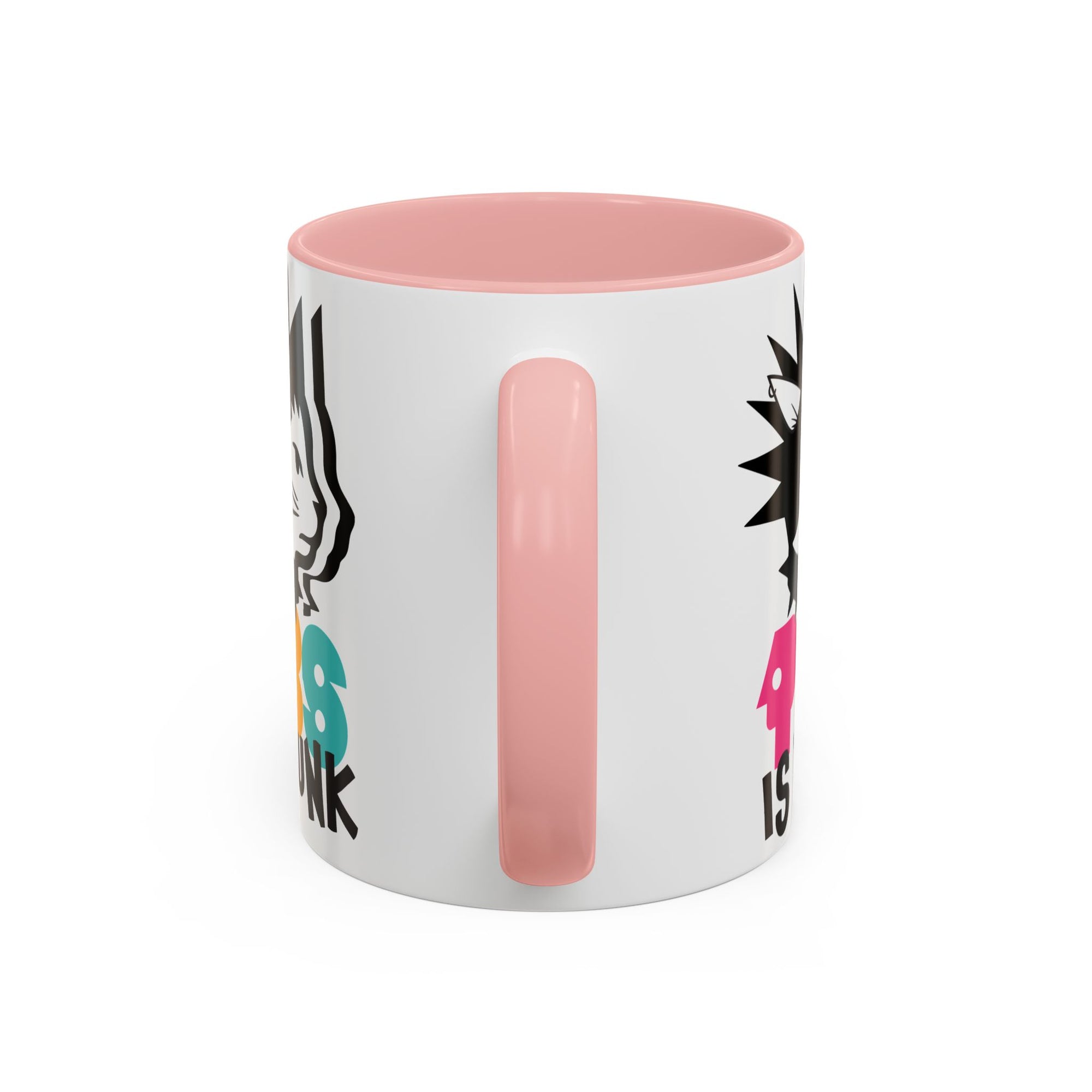 White mug with pink interior and handle, featuring colorful text and graphics on a white background