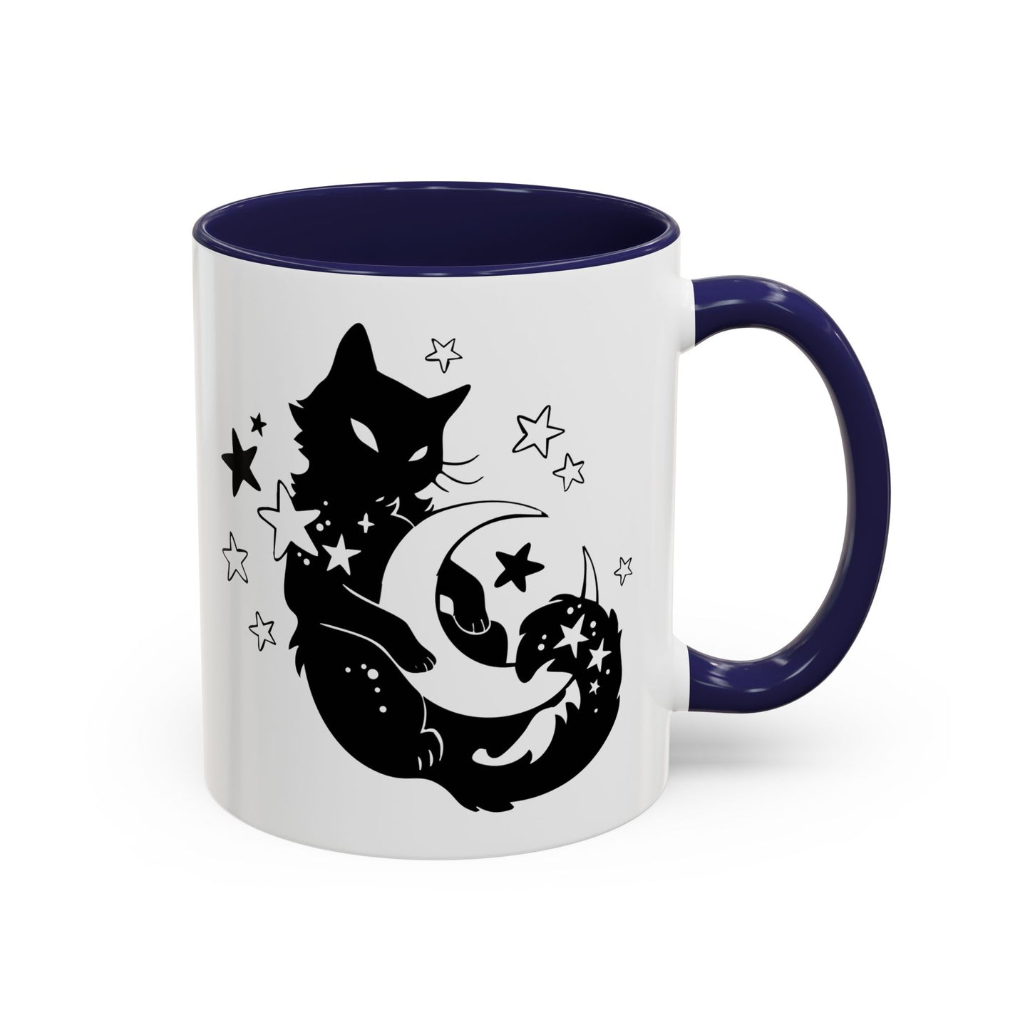 White mug with black cat and moon design on a white background