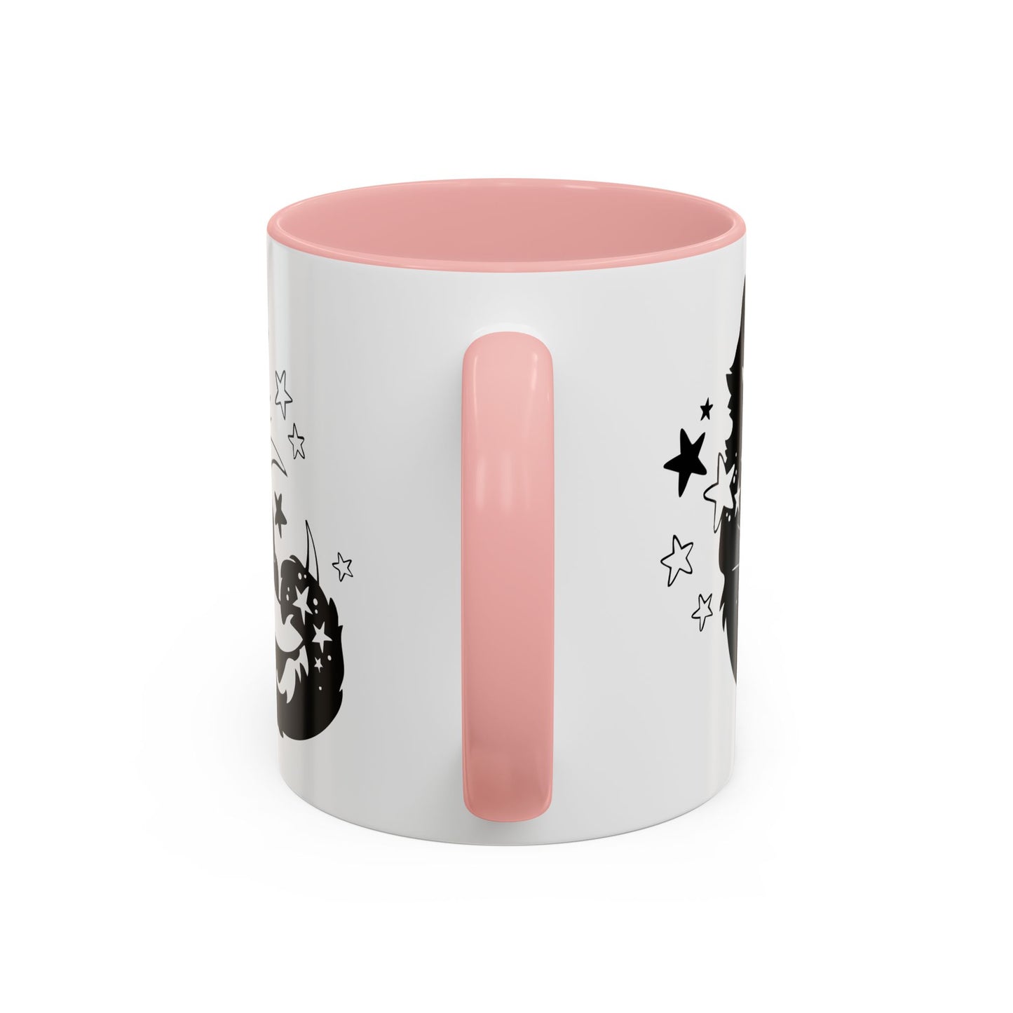 White mug with pink interior and handle, featuring black star designs on a white background