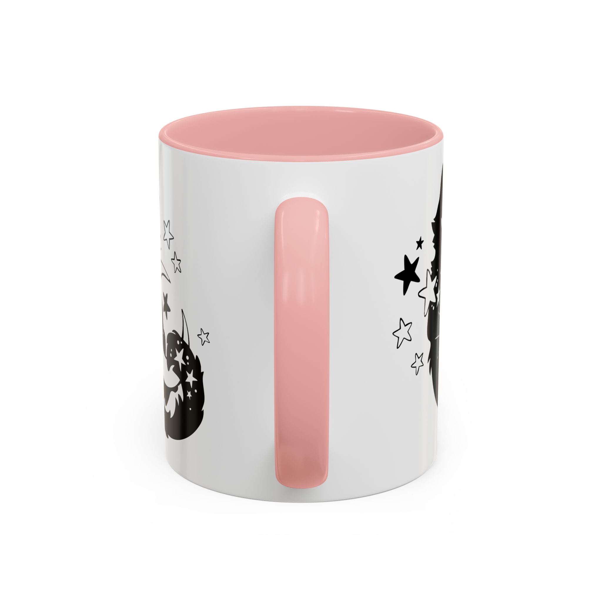 White mug with pink interior and handle, featuring black star designs on a white background