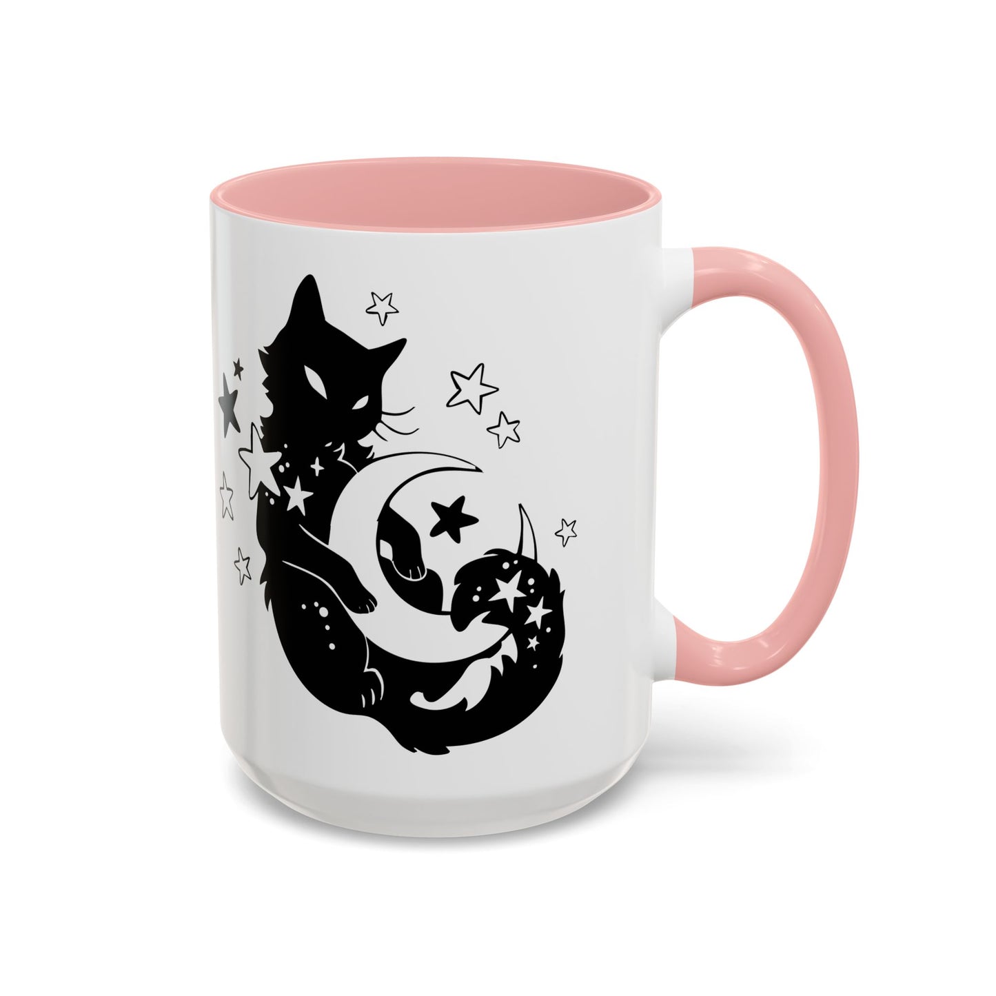 White mug with pink interior and handle featuring a black cat, moon, and star design.