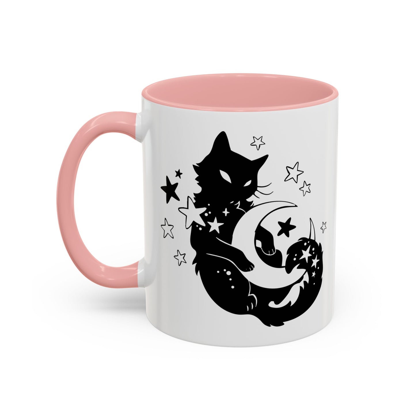 White mug with pink interior and handle, featuring a black cat and moon design.