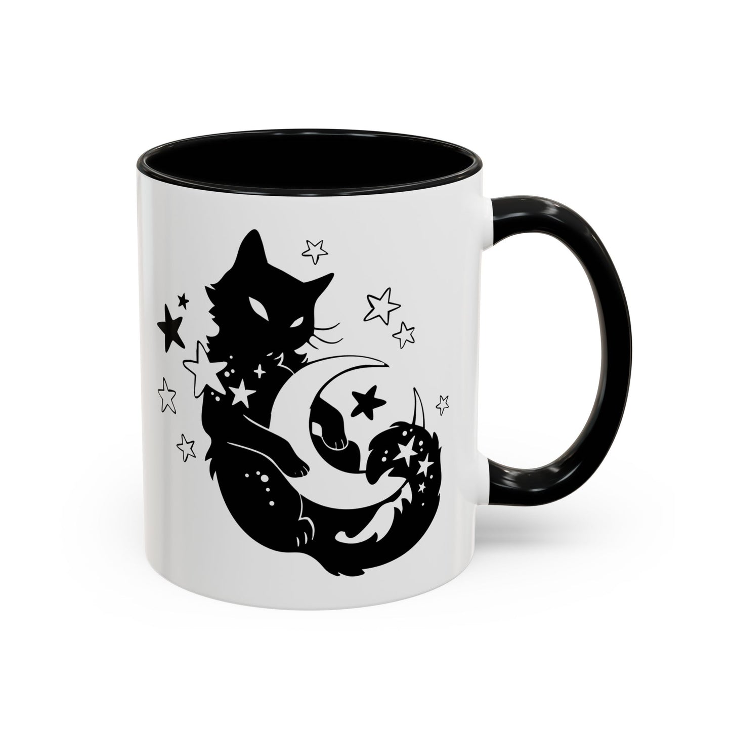 White mug with black interior and handle, featuring a black cat and moon design.