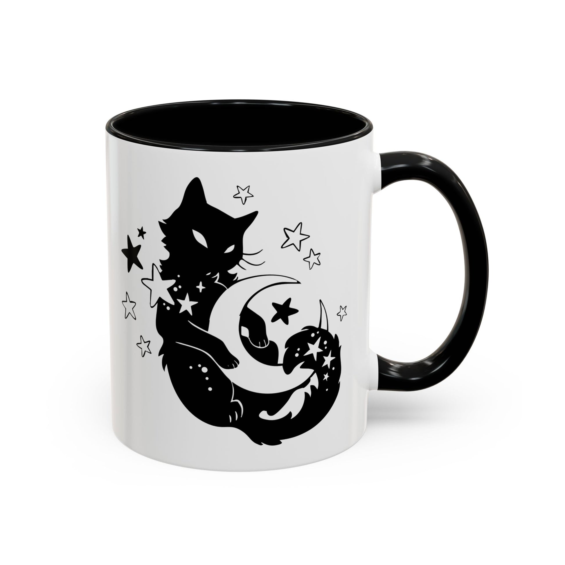 White mug with black interior and handle, featuring a black cat and moon design.