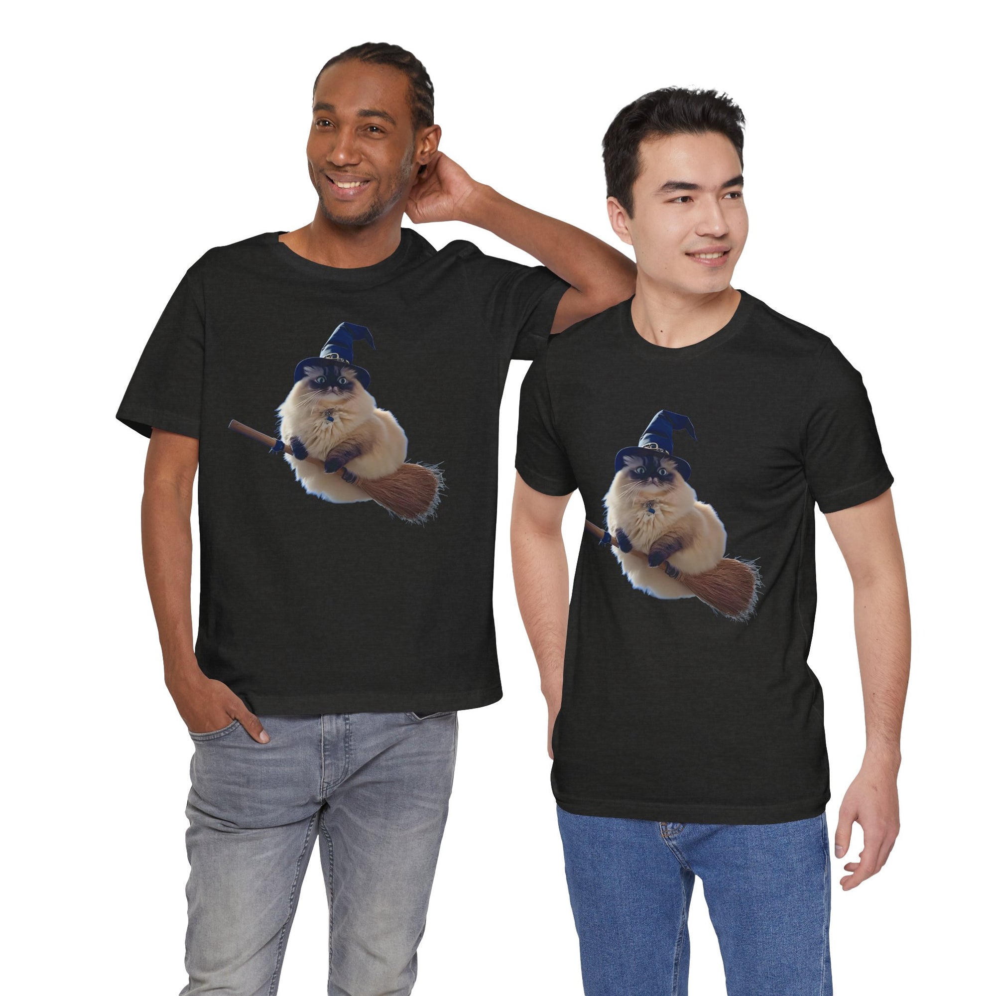 Two men wearing black t-shirts with a colorful graphic and text on a white background