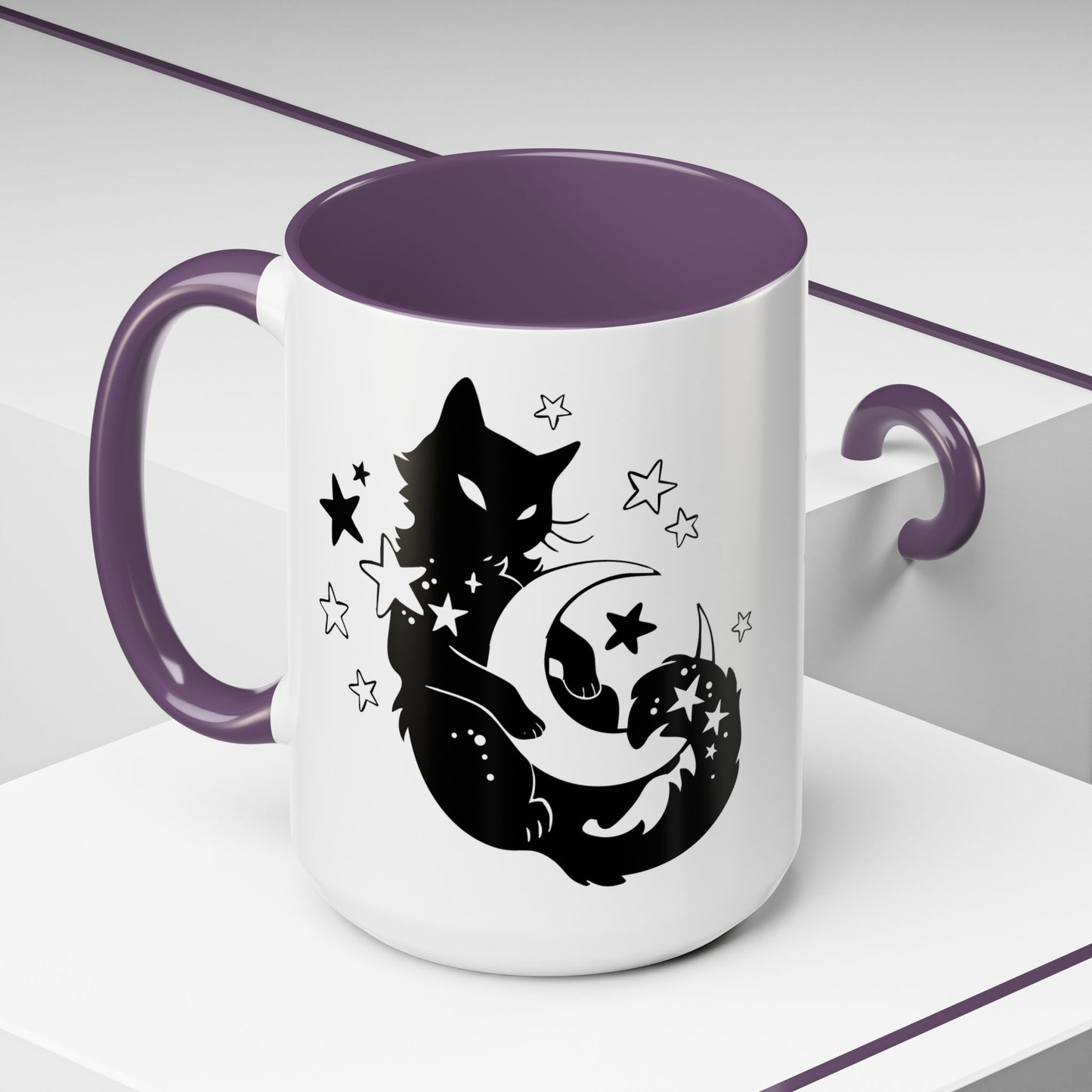 White mug with purple interior and handle featuring a black cat and moon design.