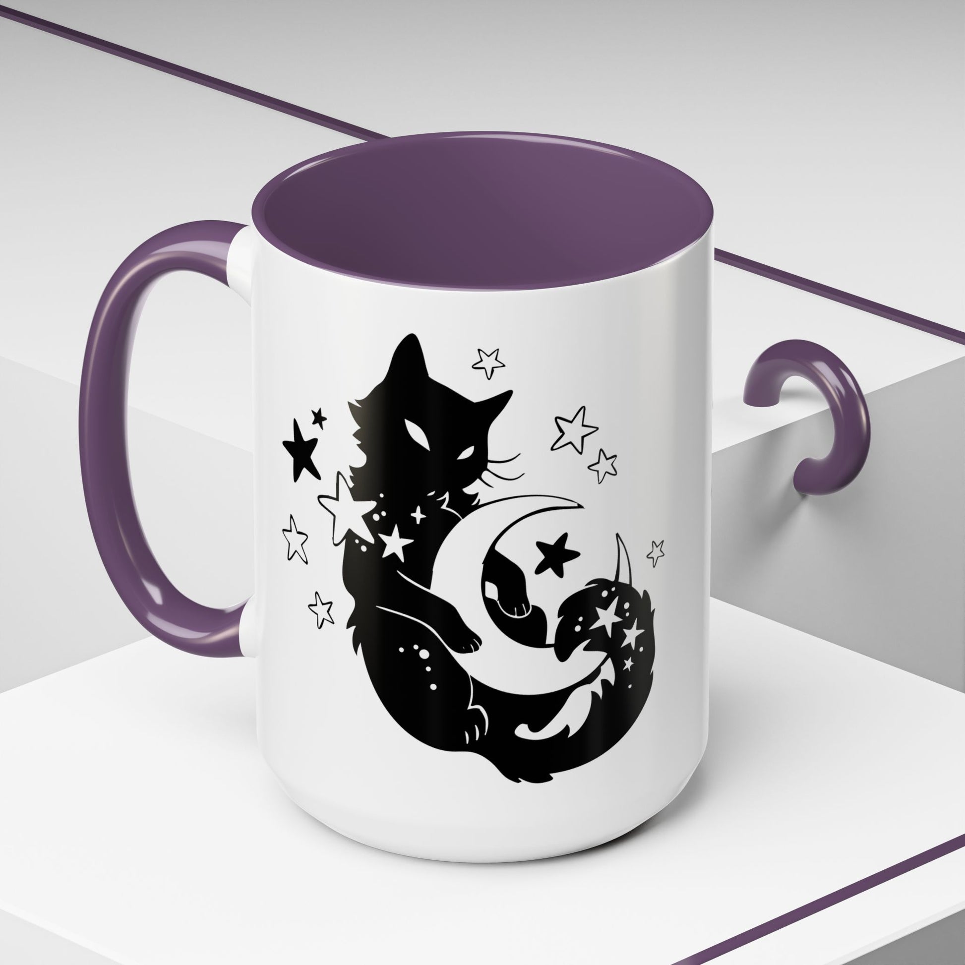 White mug with purple interior and handle featuring a black cat and moon design.