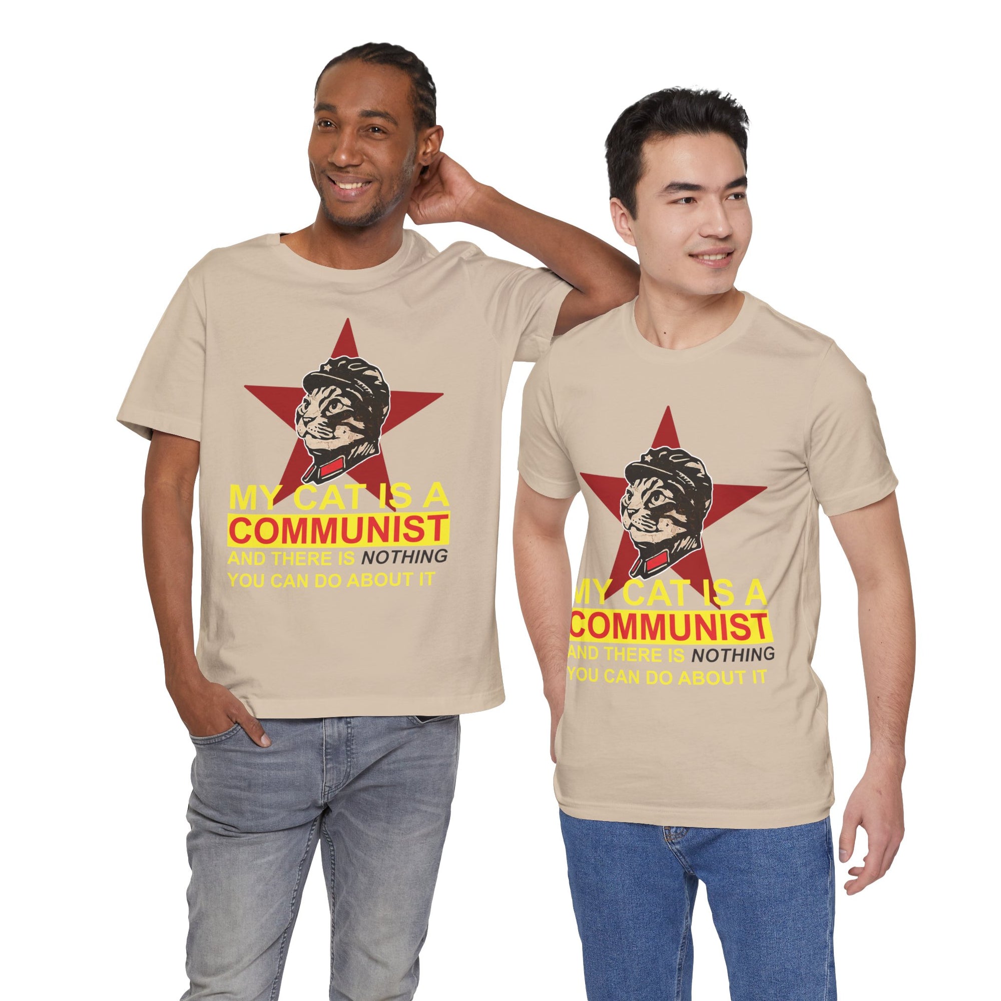 Two men wearing t-shirts with a cat graphic and text on a white background