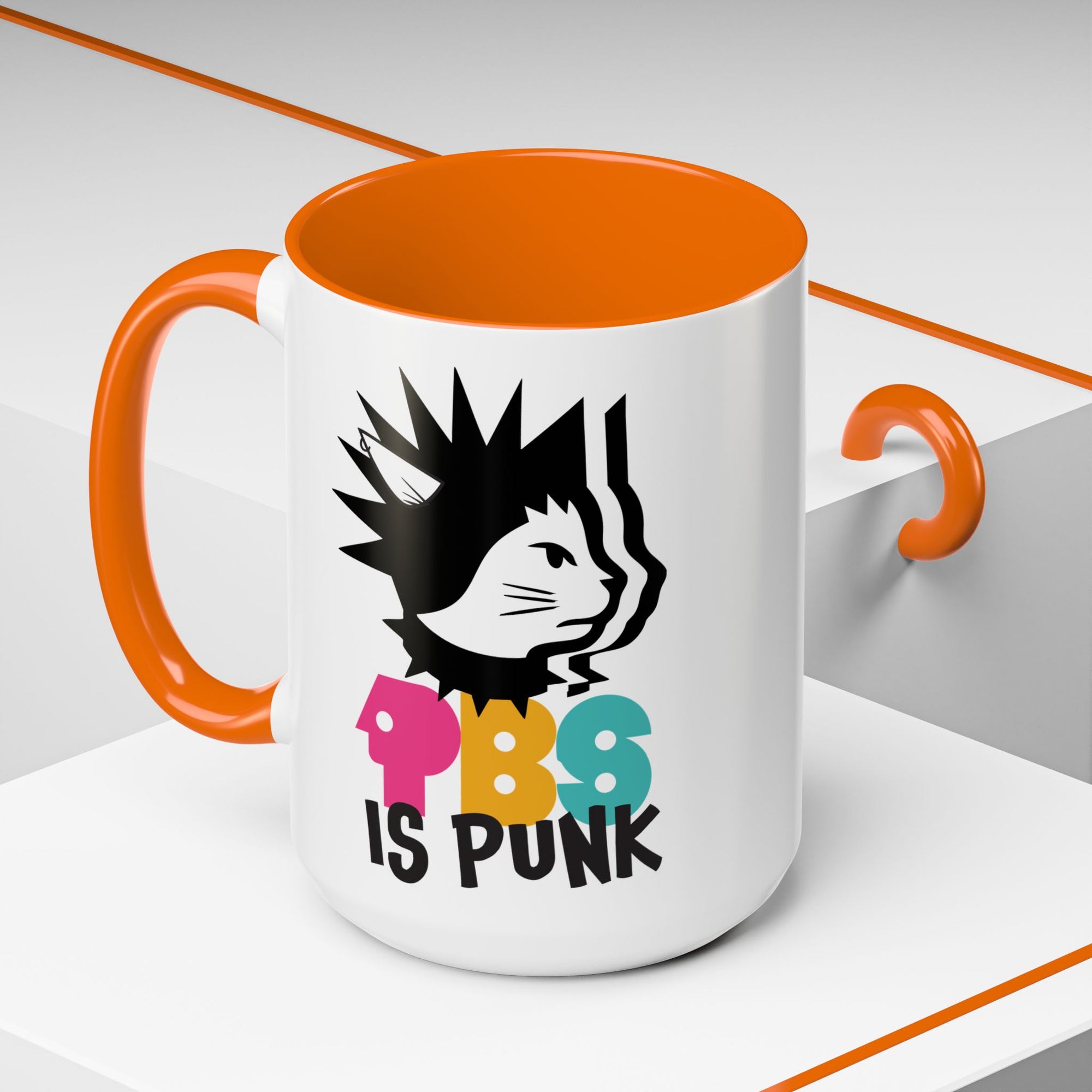 Mug with colorful design and text on a white background