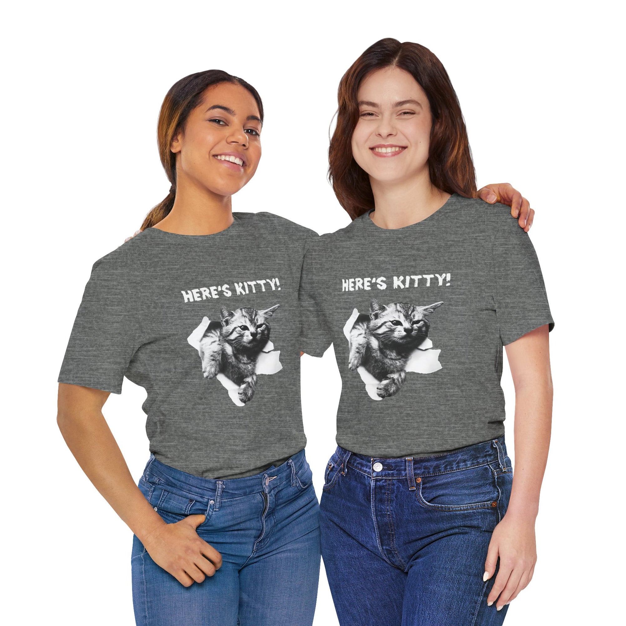 Two people wearing gray t-shirts with a cat graphic and 'Here's Kitty!' text.