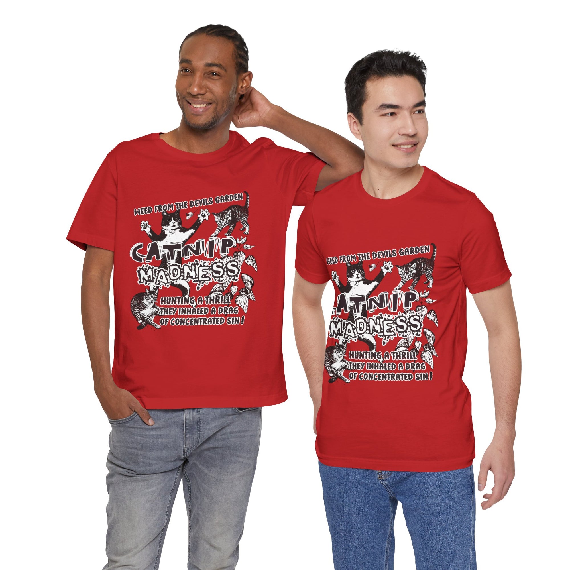 Two men wearing red t-shirts with a graphic design on a white background