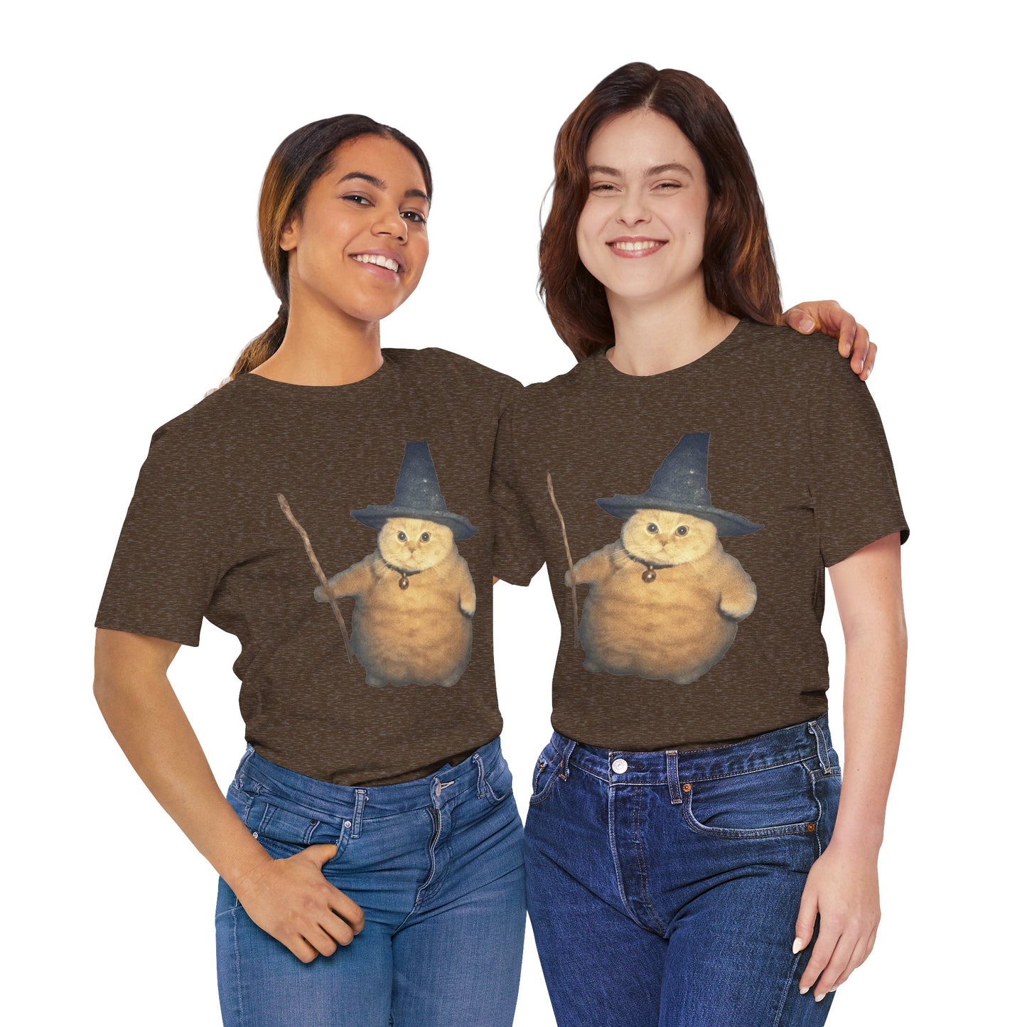 Two people wearing brown t-shirts with a cartoon cat in a witch hat design on a white background.