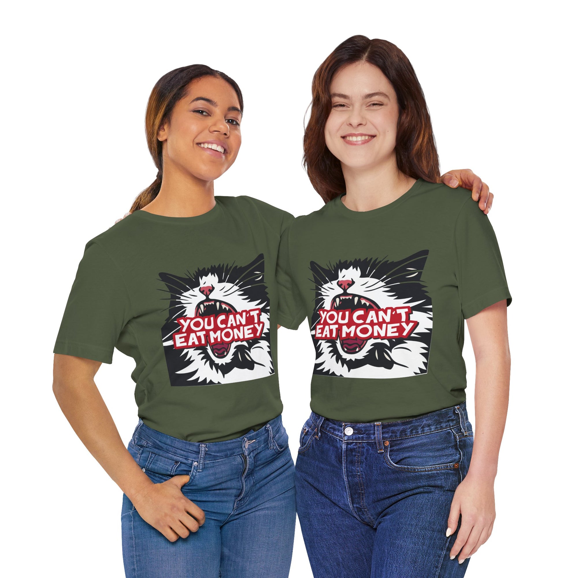 Two people wearing green t-shirts with a cat graphic and text on a white background