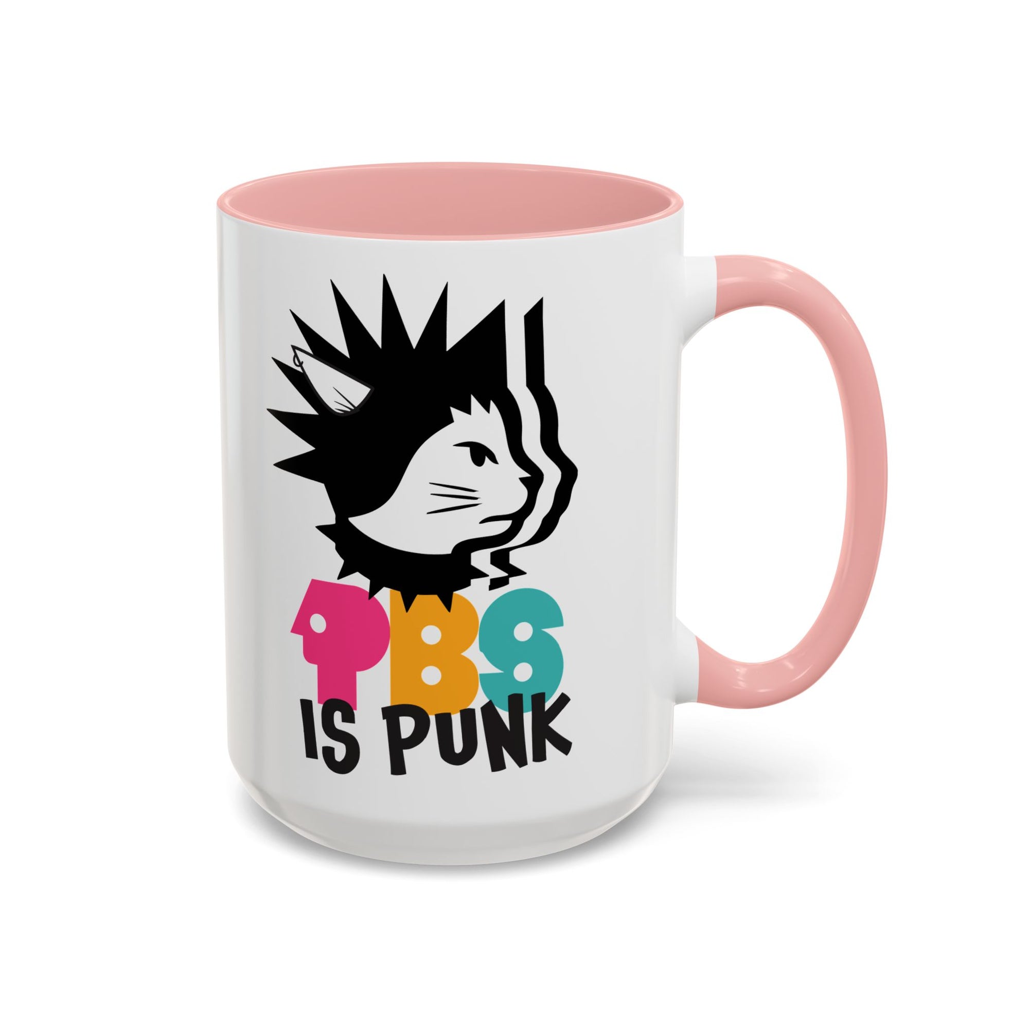 Mug with a graphic design of a cat and text 'PBS IS PUNK' on a white background