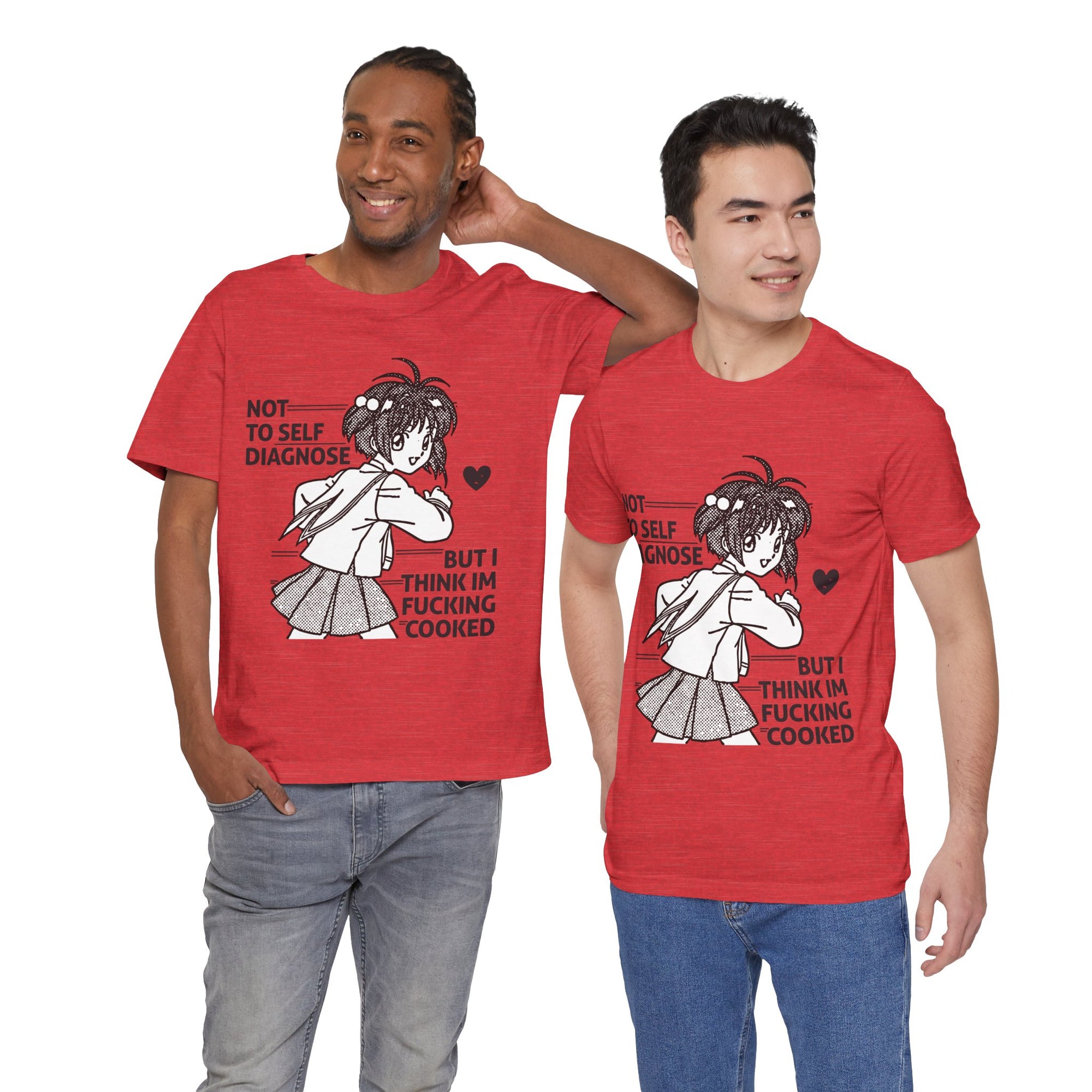 Two men wearing red t-shirts with a graphic design and text.