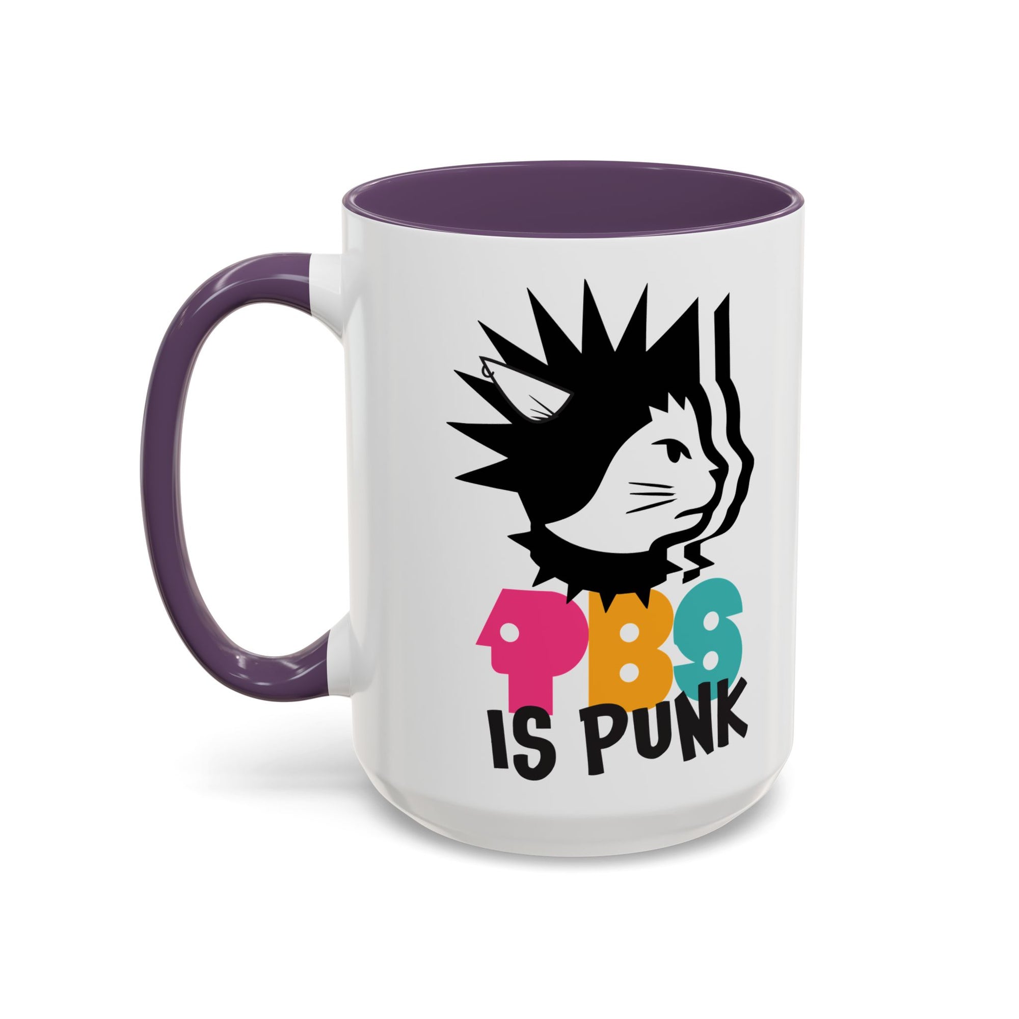 Mug with a design of a cat with spiky hair and colorful text on a white background