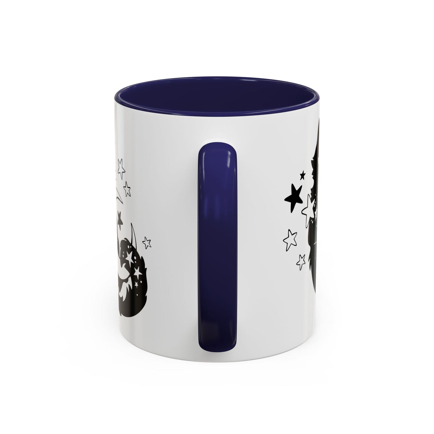 White mug with black interior and handle, featuring star designs on a white background