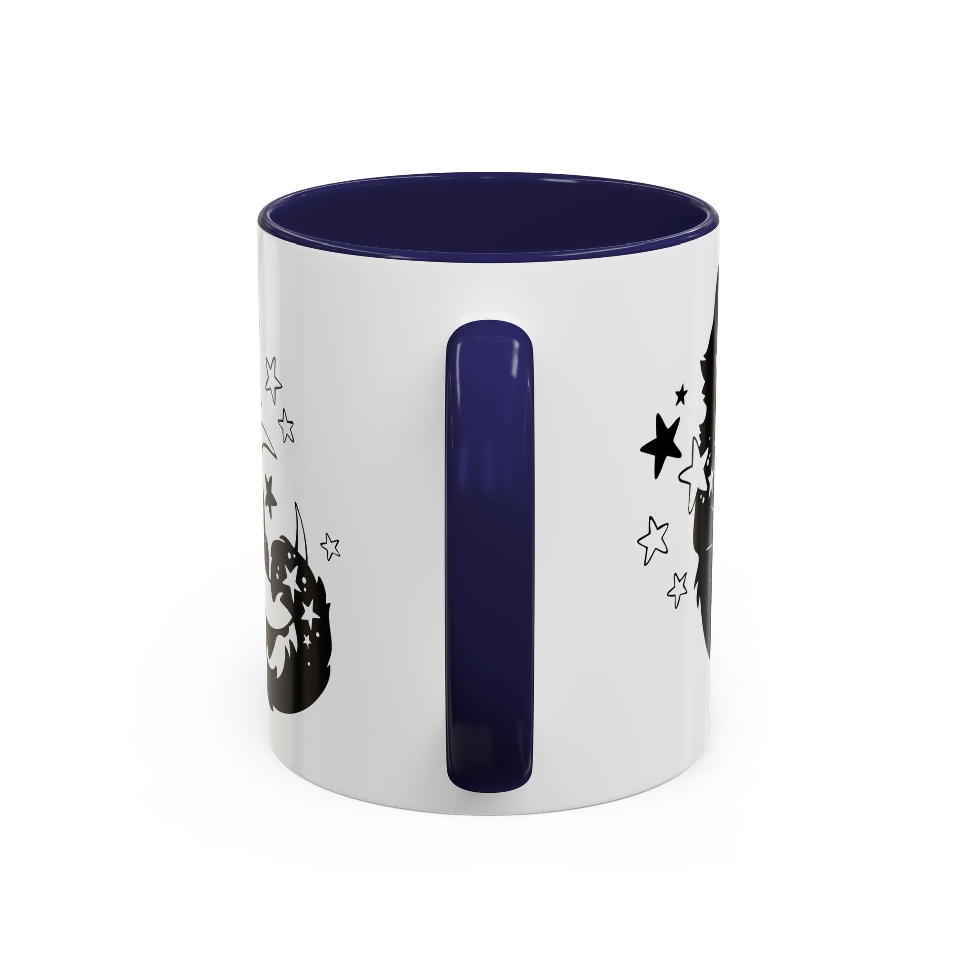 White mug with black interior and handle, featuring star designs on a white background