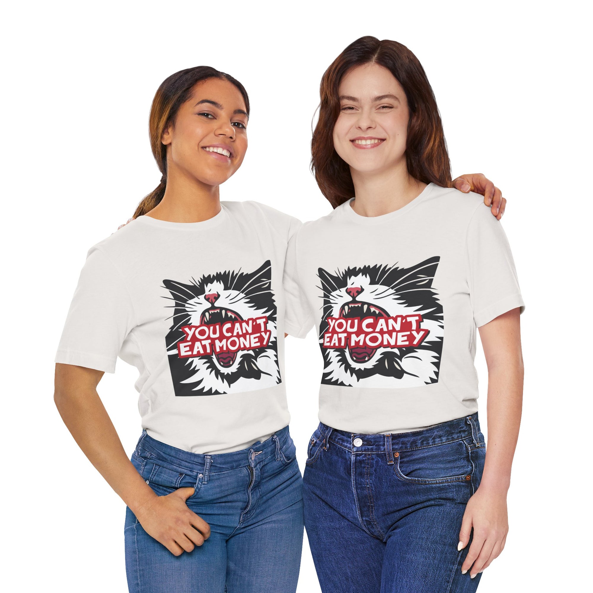 Two people wearing white t-shirts with a graphic of a cat and text, standing side by side against a white background.