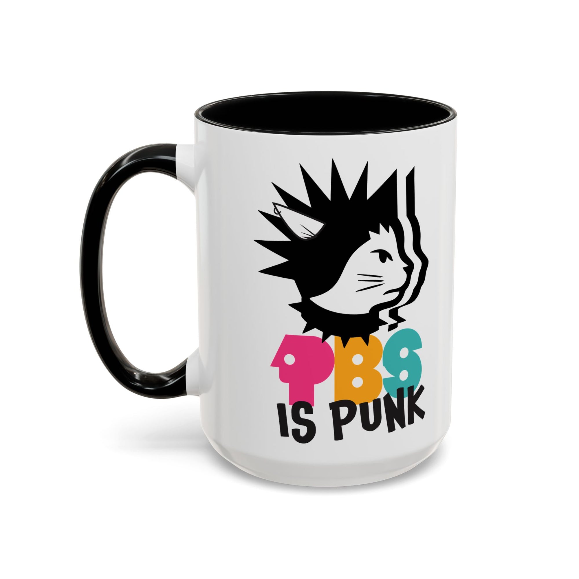 White mug with black interior and handle, featuring a graphic design and text on a white background.
