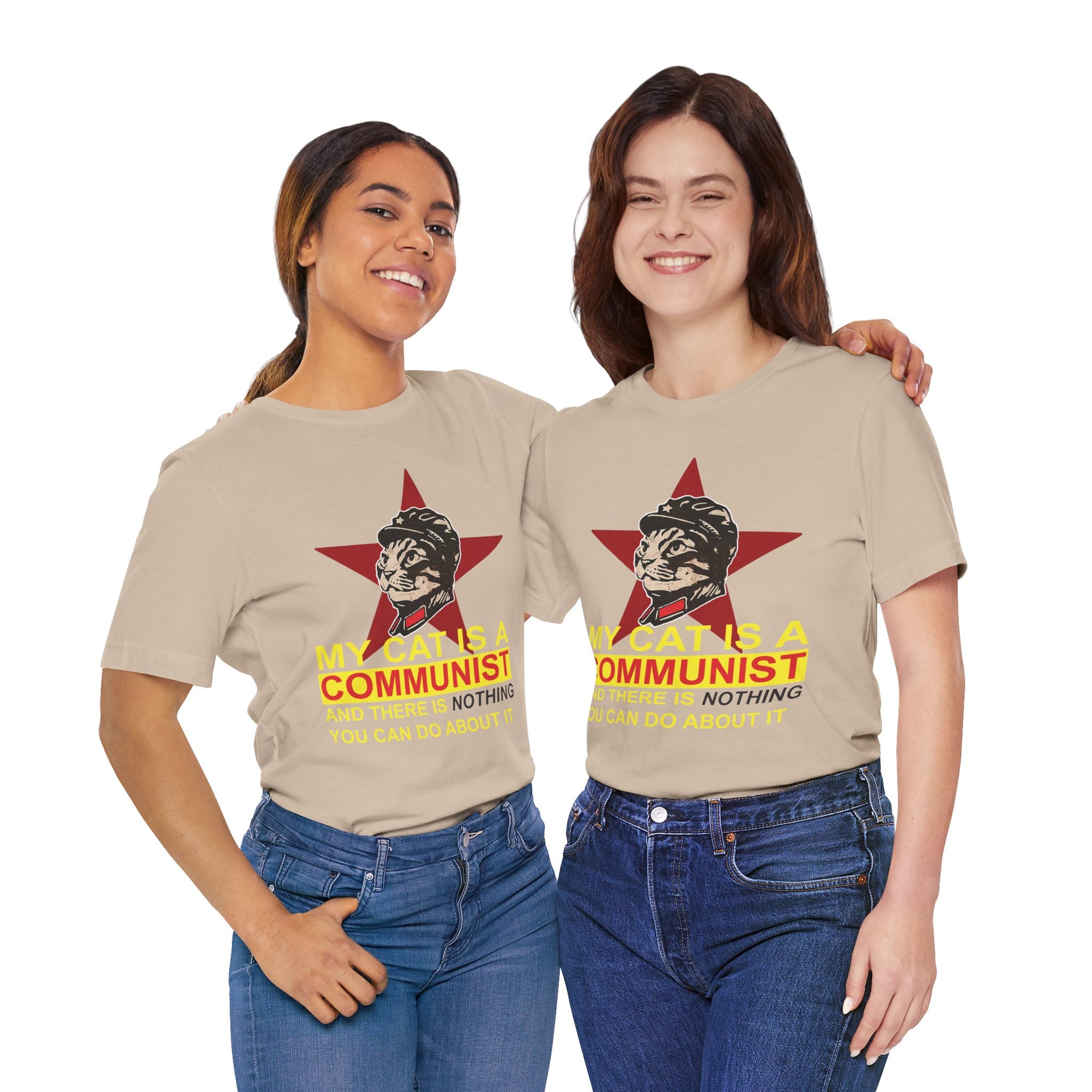 Two people wearing t-shirts with a graphic of a cat in a star and text.