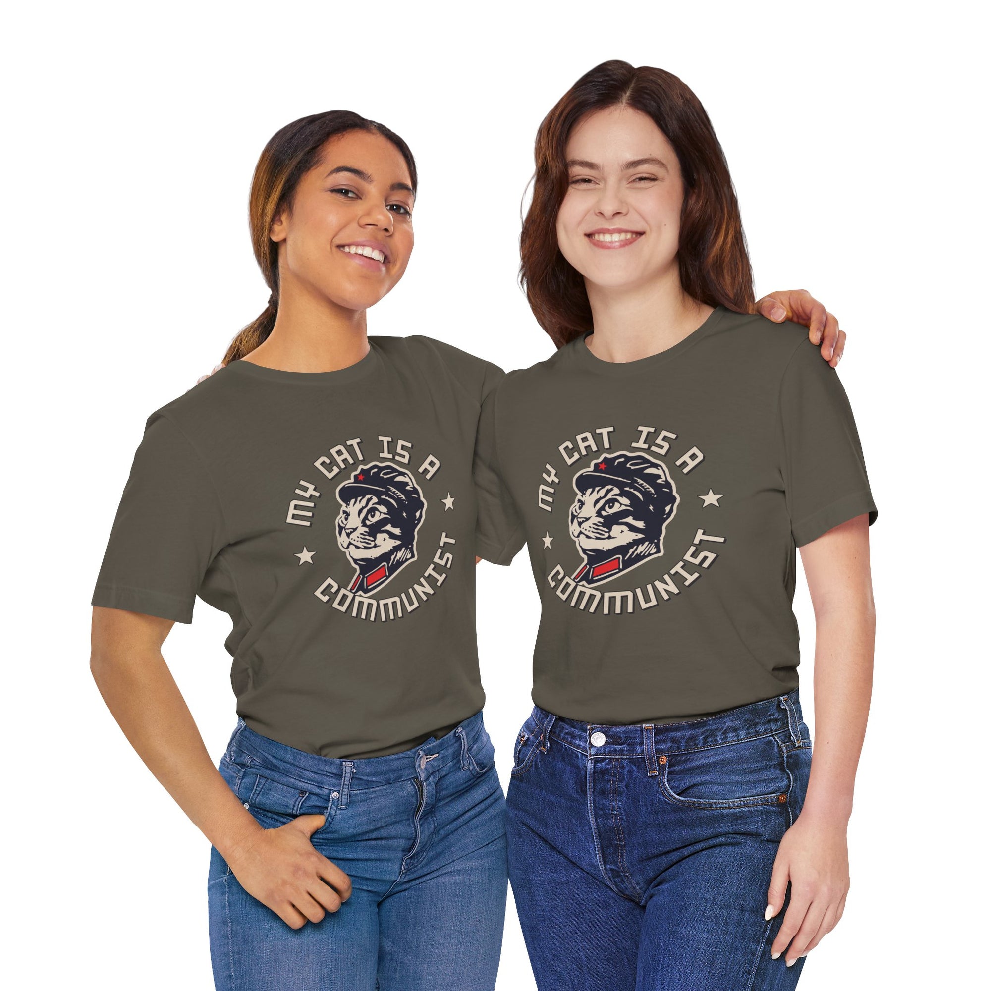 Two people wearing matching green t-shirts with colorful text on a white background