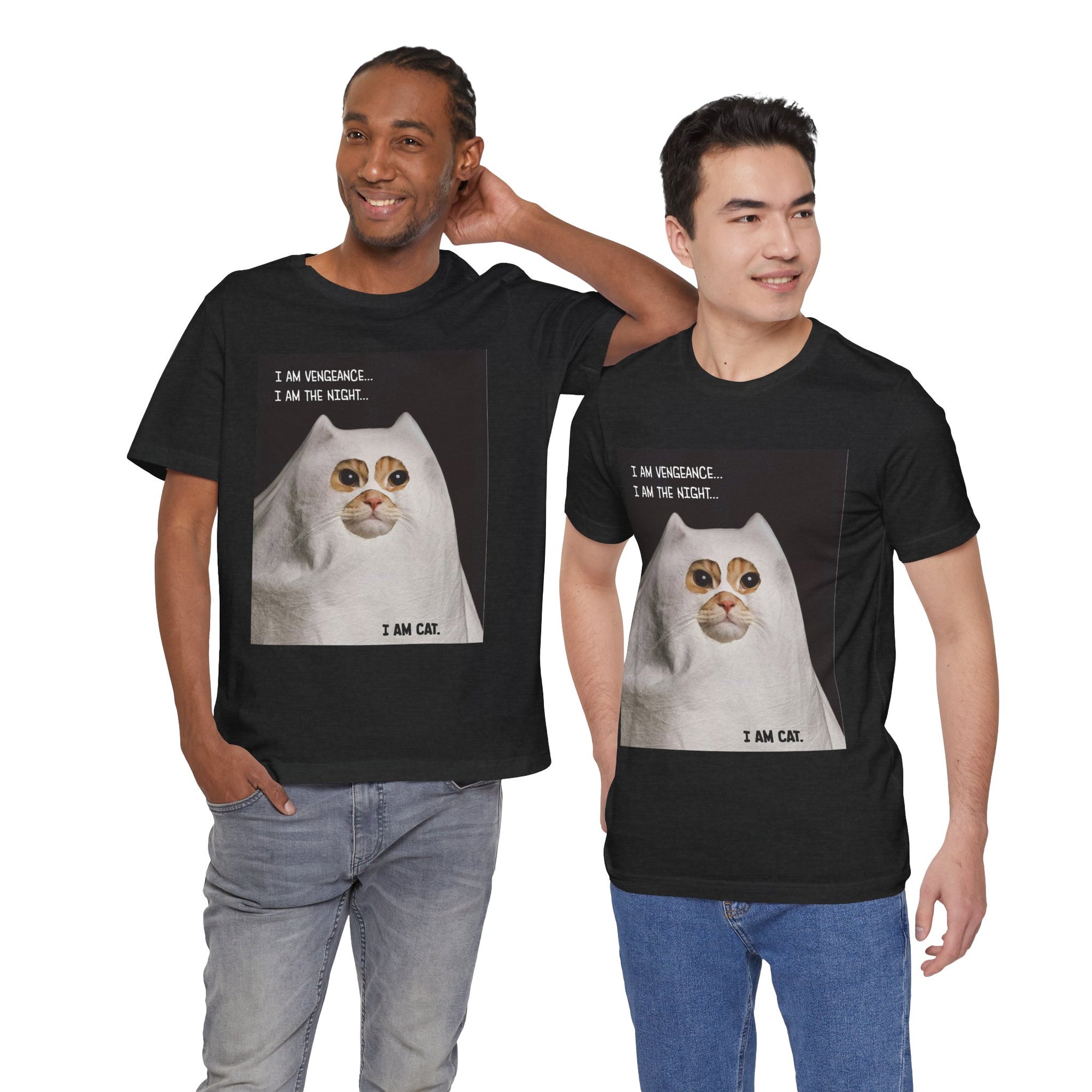 Two men wearing black t-shirts with a cat graphic and text.