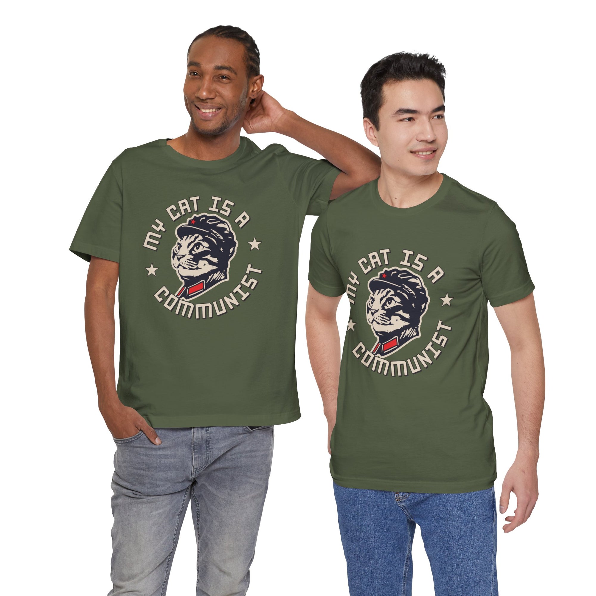 Two men wearing t-shirts with a graphic design of a cat and text on a white background
