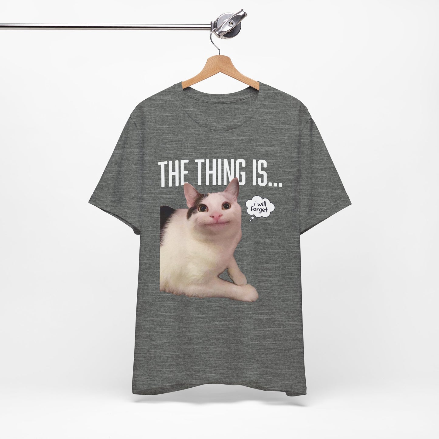 Gray t-shirt with a cat graphic and text on a hanger against a white background