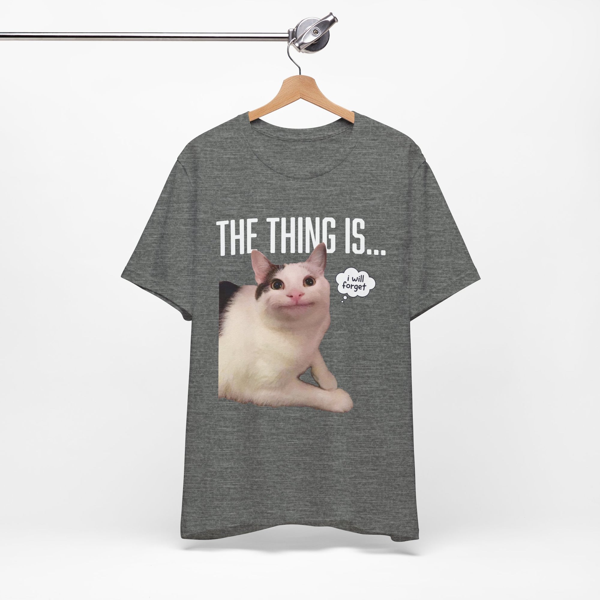 Gray t-shirt with a cat graphic and text on a hanger against a white background