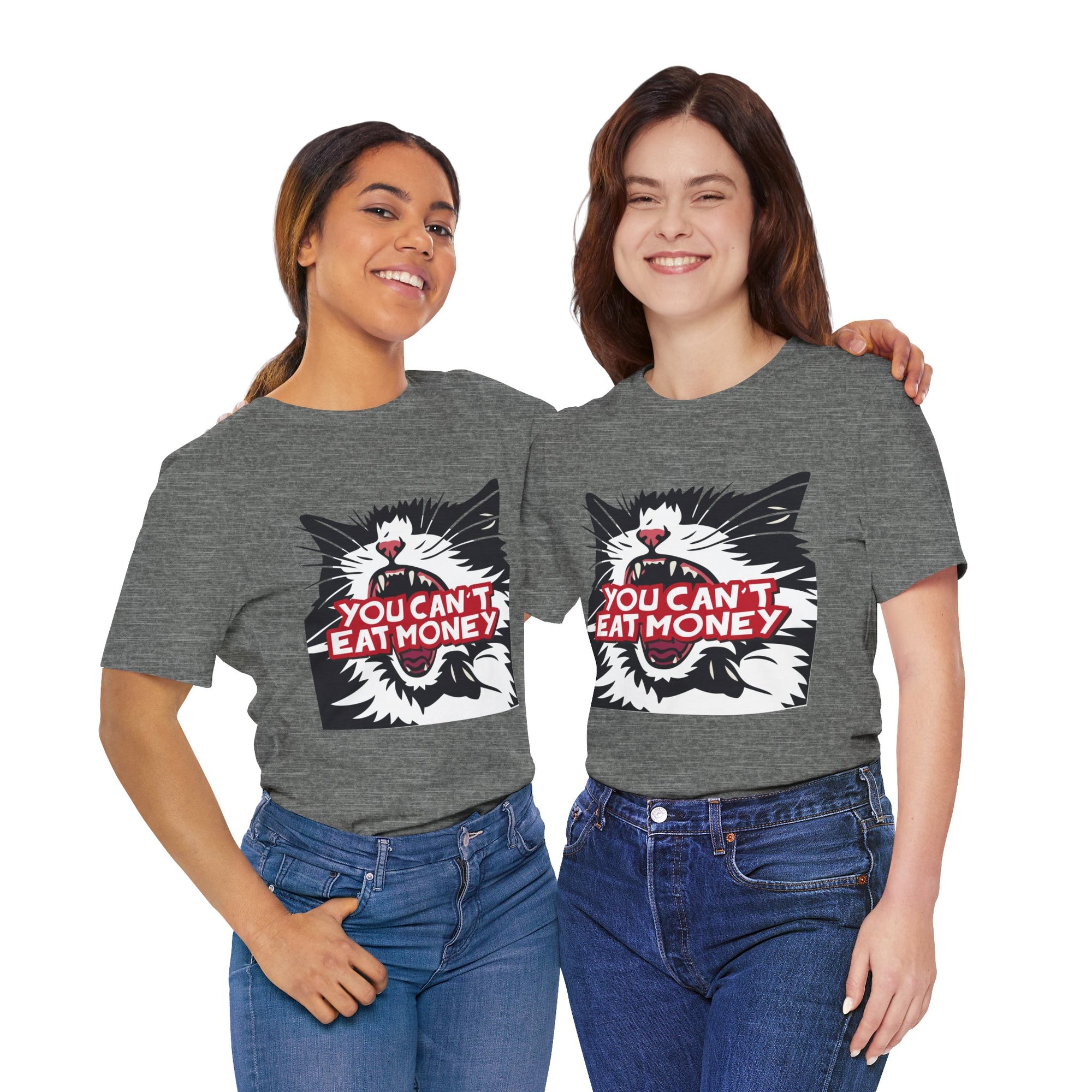 Two people wearing gray t-shirts with a cat graphic and text on a white background