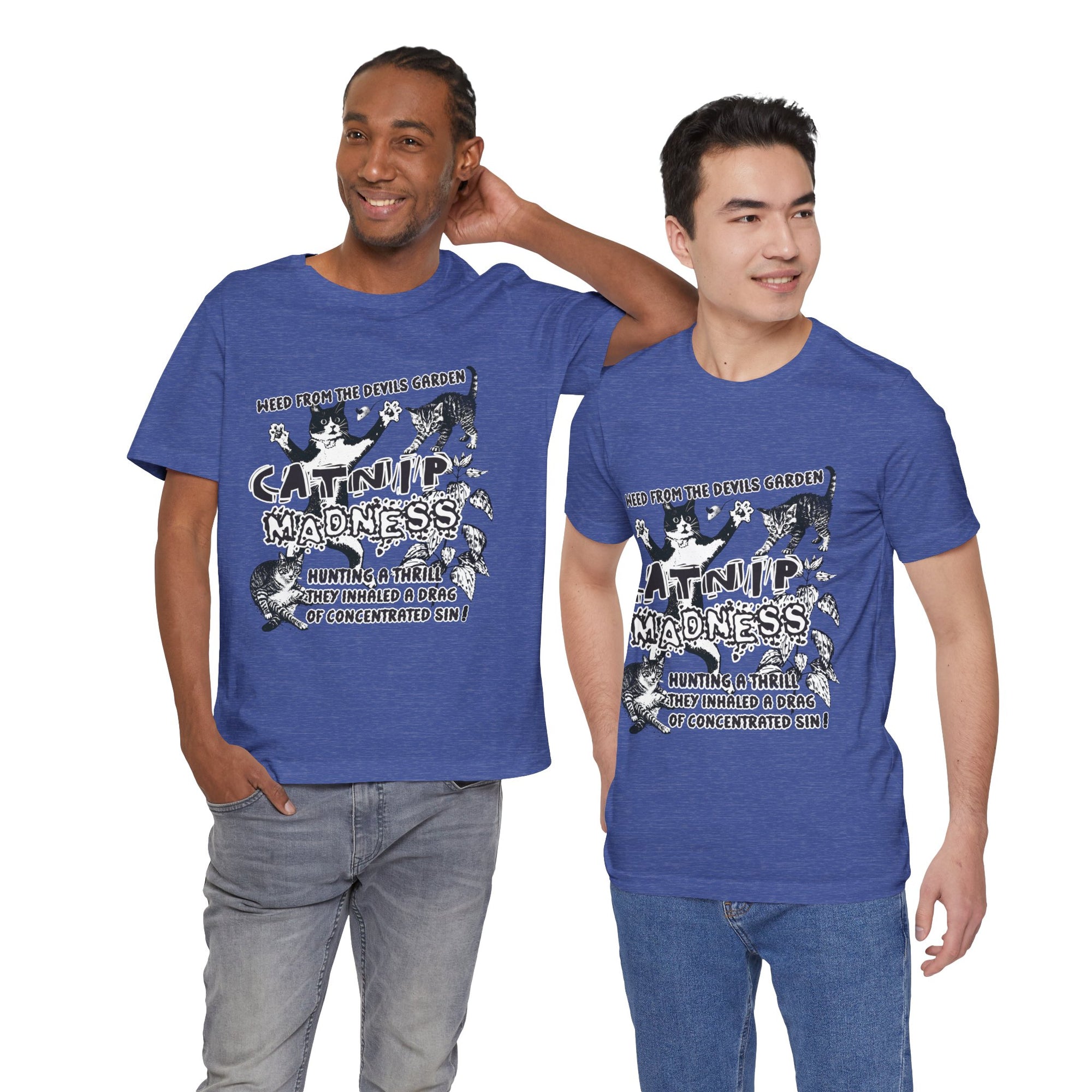 Two men wearing blue t-shirts with a graphic design on a white background