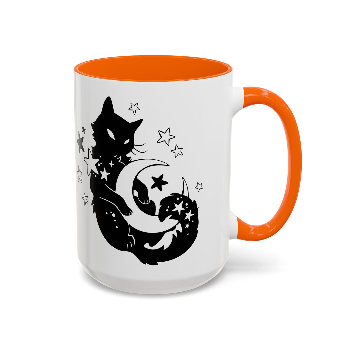 White mug with orange interior and handle featuring a black cat and moon design.