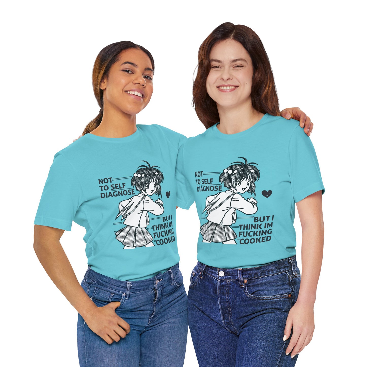 Two people wearing matching blue t-shirts with a graphic and text.