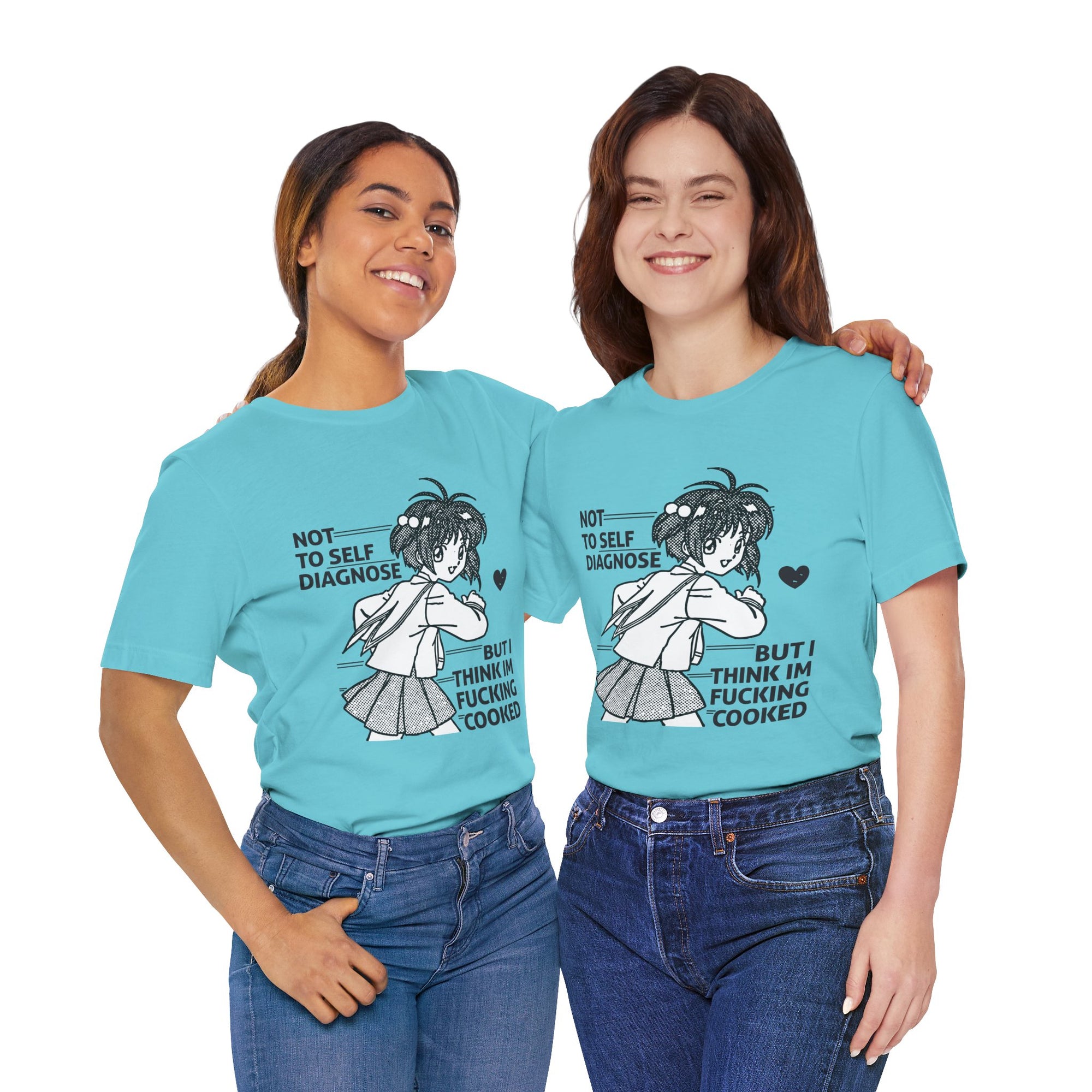 Two people wearing matching blue t-shirts with a graphic and text.
