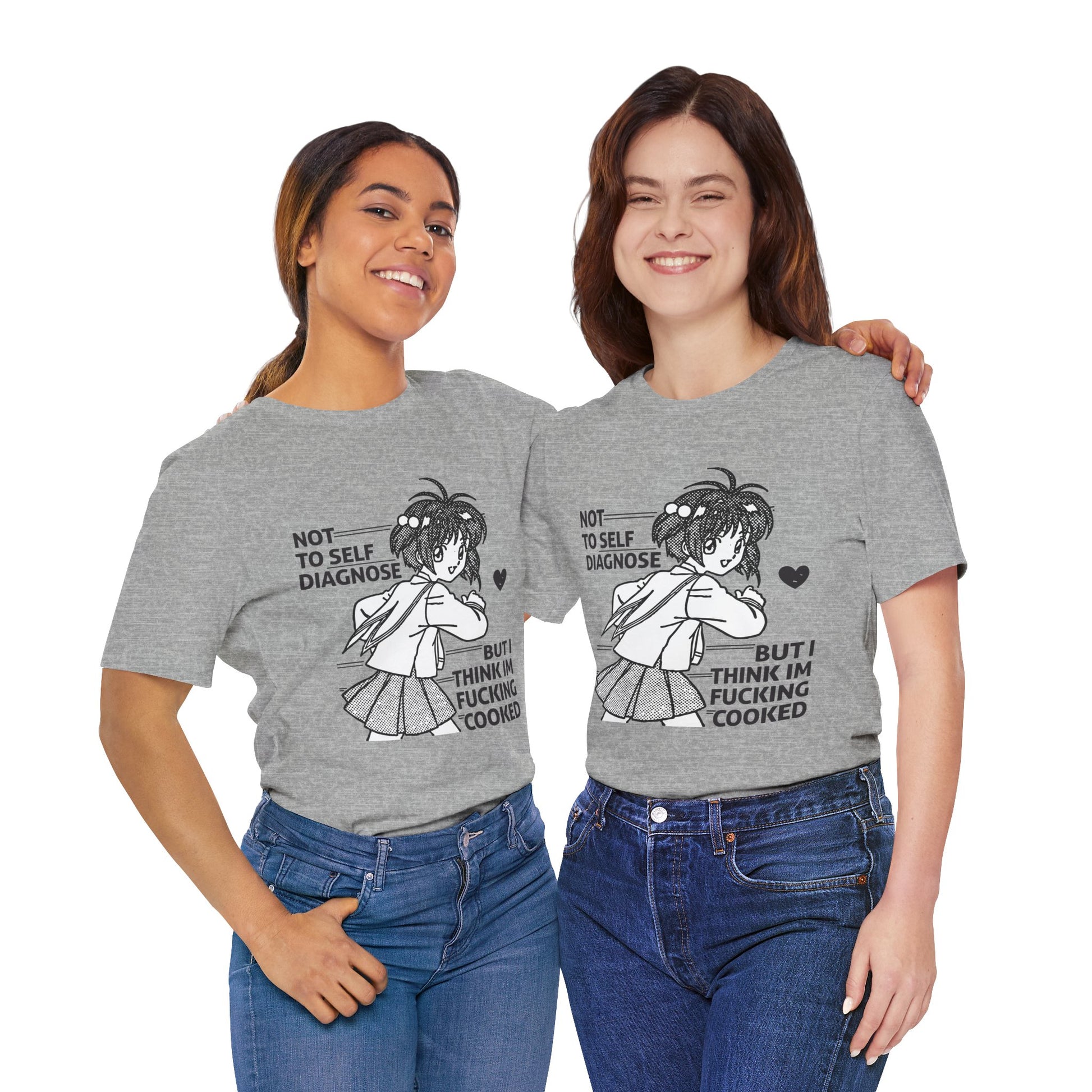 Two women wearing gray t-shirts with anime character on a white background