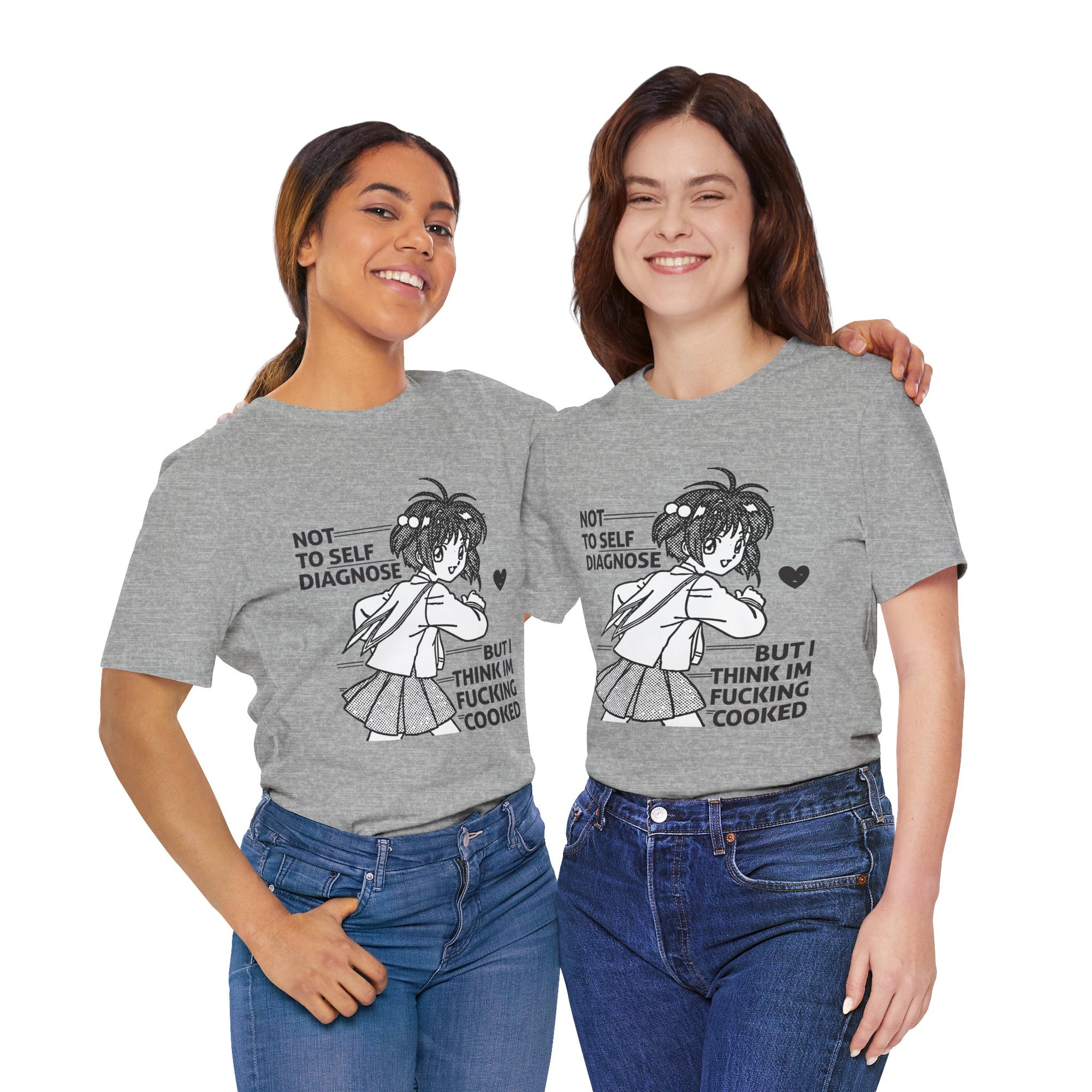 Two women wearing gray t-shirts with anime character on a white background