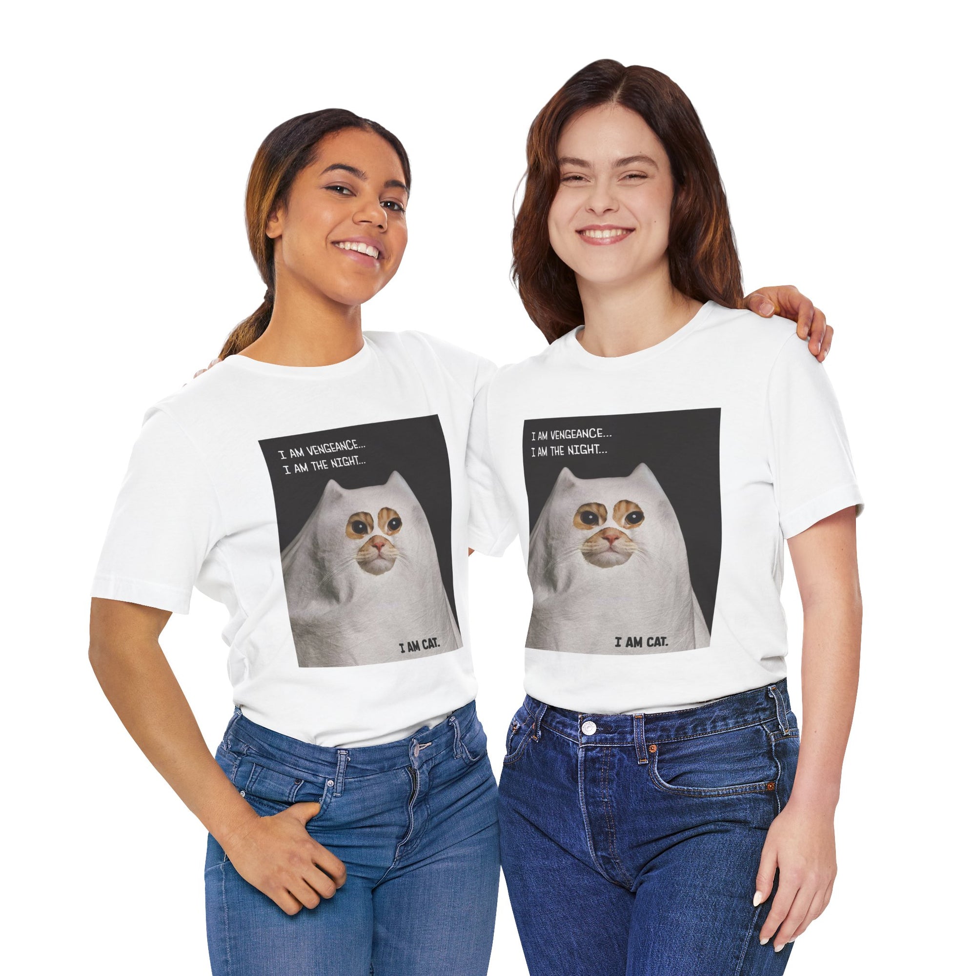 Two women wearing white t-shirts with a cat graphic and text.