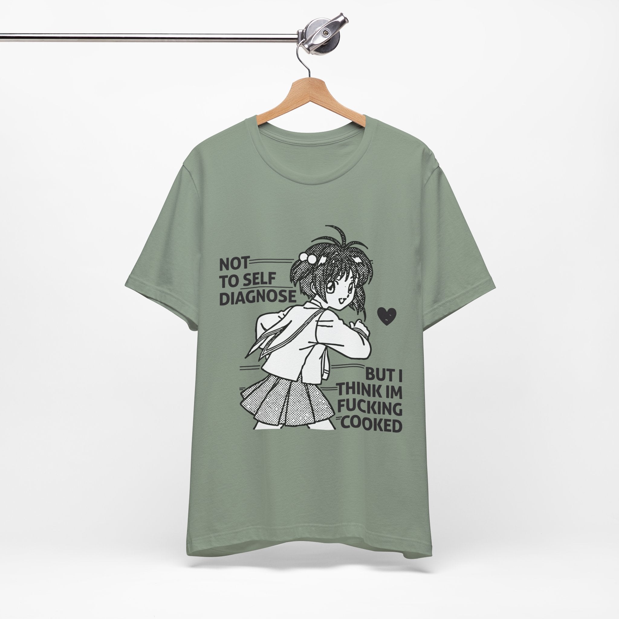 Green t-shirt with graphic design and text on a hanger against a white background