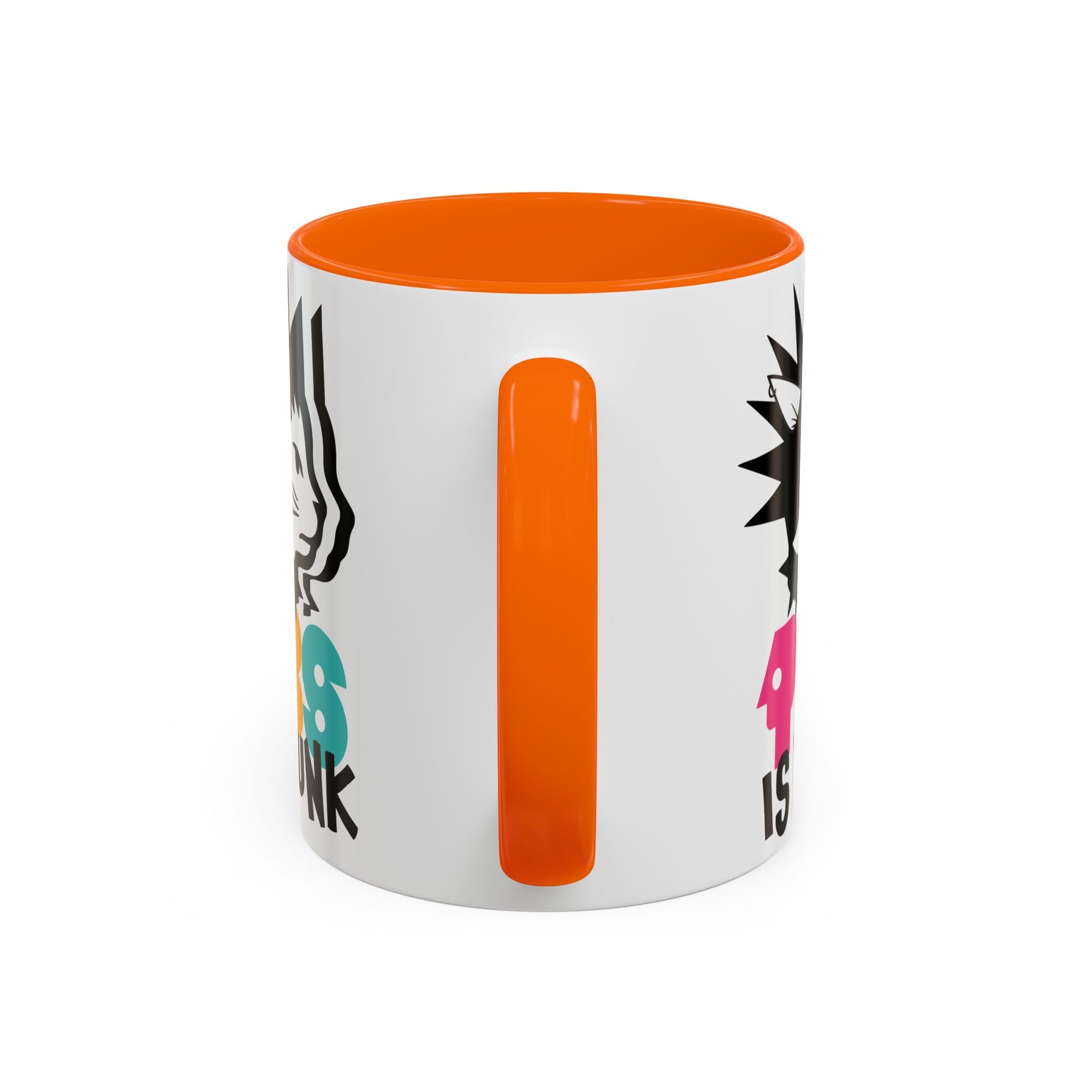 White mug with orange interior and handle, featuring colorful text and graphics on a white background