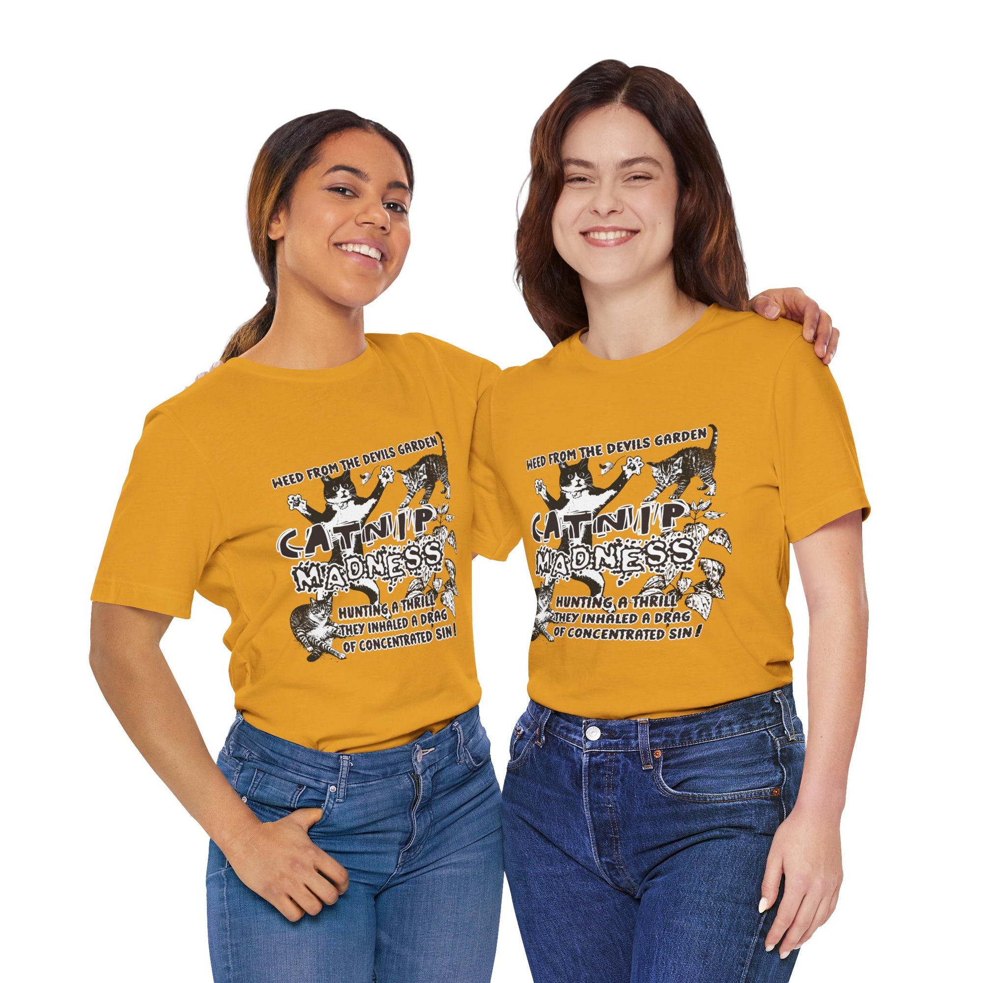 Two people wearing yellow t-shirts with a graphic design on a white background