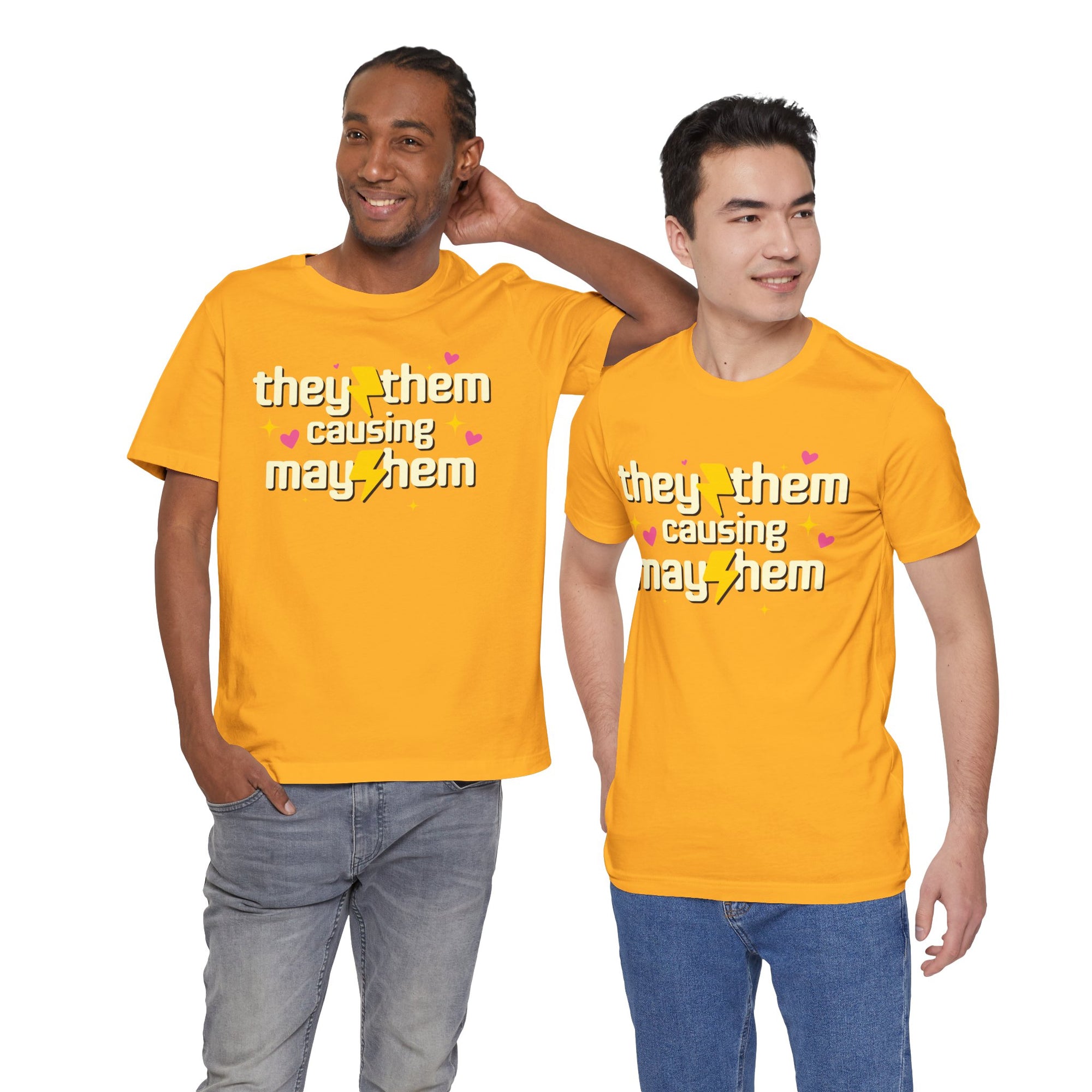 Two people wearing yellow t-shirts with a message on a white background