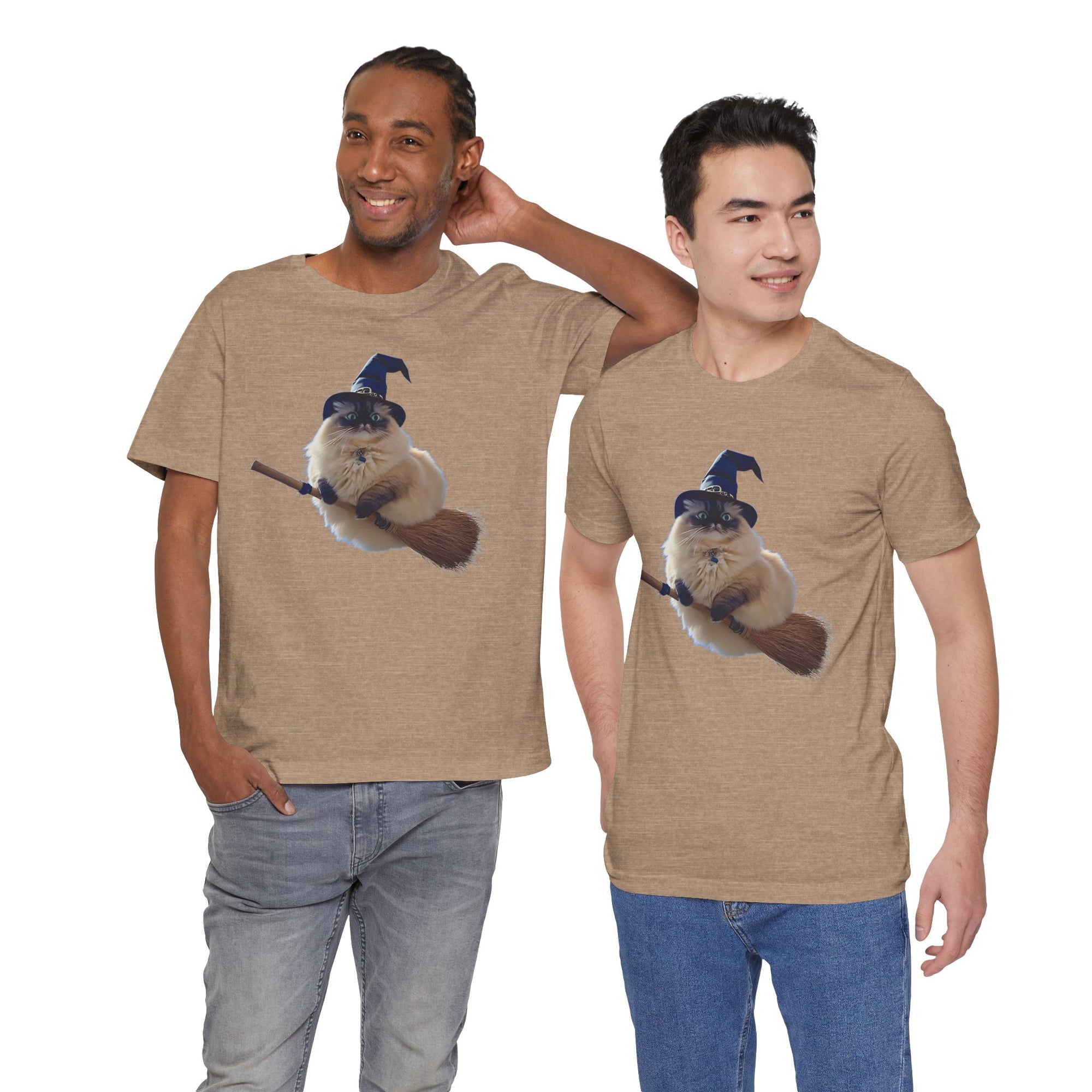 Two men wearing matching brown t-shirts with a graphic of a cat on a broomstick.