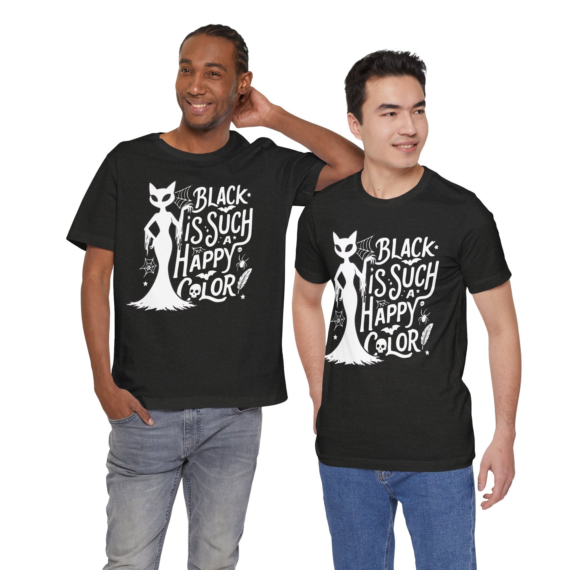 Two men wearing black t-shirts with a white graphic and text on a white background