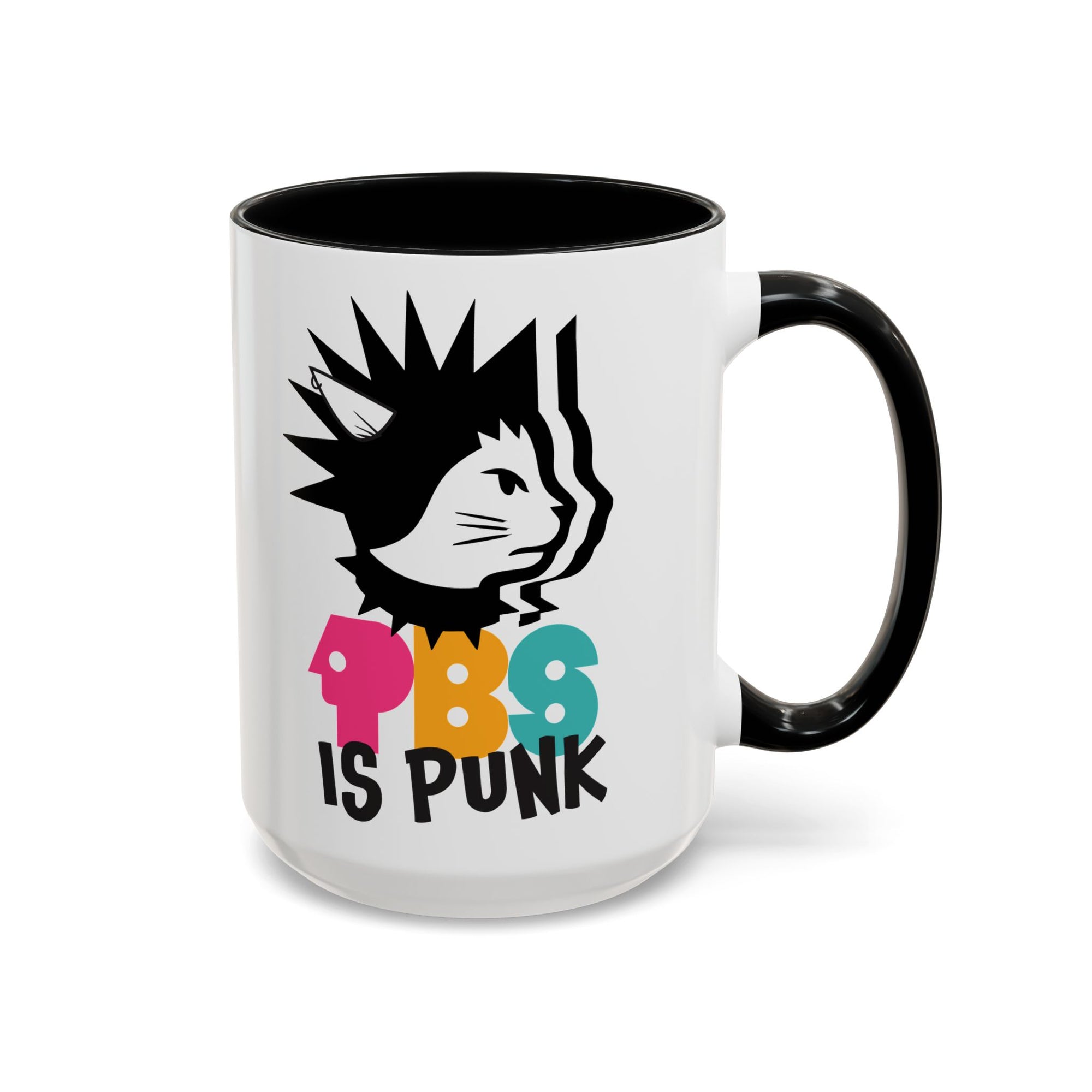 Mug with a design of a cat and text 'PBS is Punk' on a white background